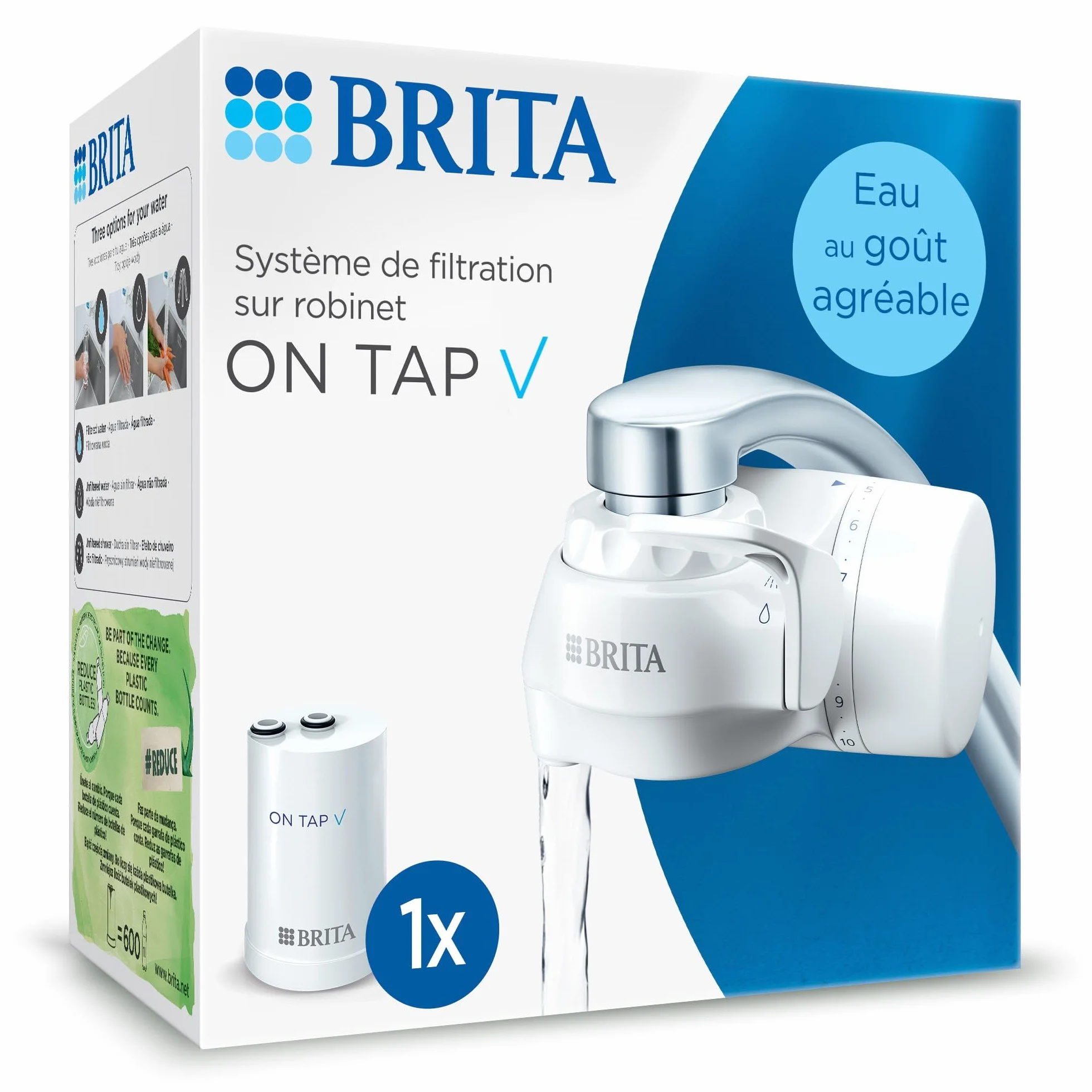 BRITA ON TAP V incl. 1 x filtro de agua para grifo V (4 meses) - reduce cloro, PFAS, pequeñas partículas y metales - El embalaje puede variar
