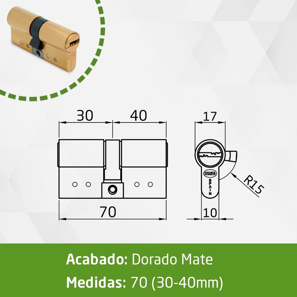 Amig - Cilindro de seguridad - Cerradura para puertas - Antiganzúa y Antibumping - Bombín Antiextracción y Antirotura - Incluye 5 llaves - Dorado mate - Medidas: 70 (30-40) mm