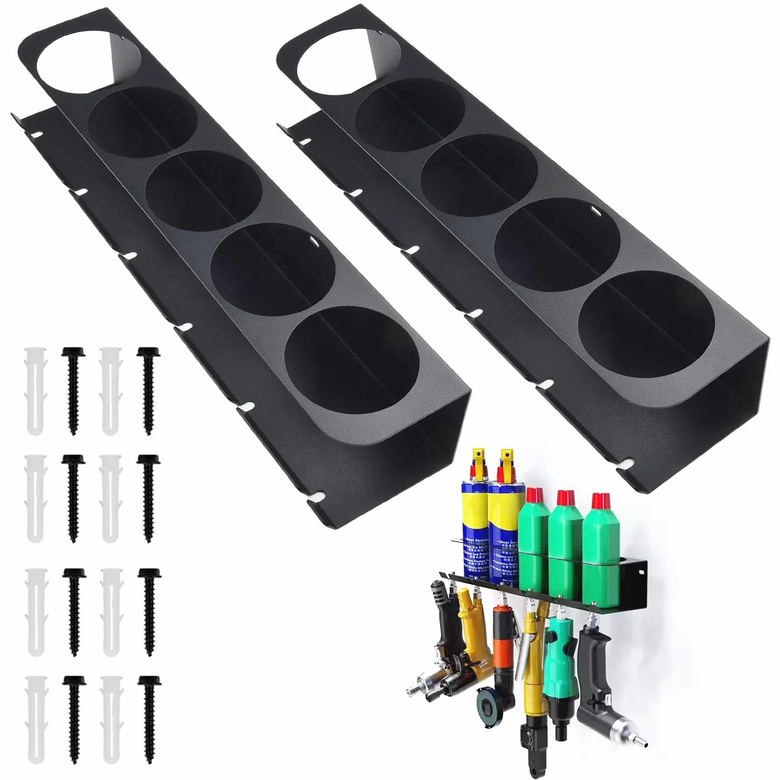 JAOGAUS 2 Soporte para Botellas de Aerosol, 2 Soportes para Latas de Aerosol con 5 Agujeros y 6 Ranuras, Montaje en Pared Organizador de Herramientas Eléctricas Estante de Almacenamiento para Garaje