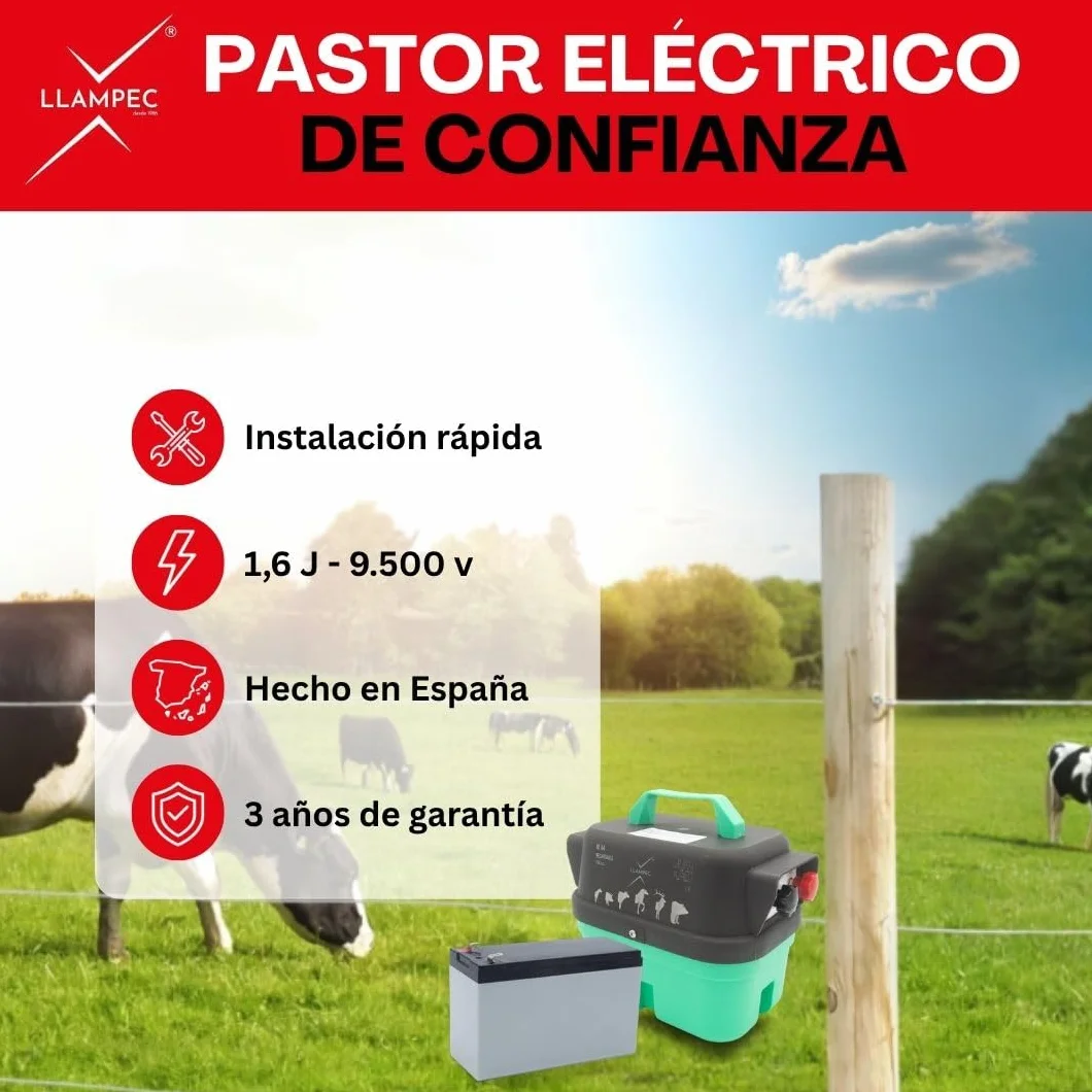 Llampec Pastor Eléctrico Recargable Mod.04 con Batería 12v 7Ah Incluida – 1,6 J - 9.500 V y 10 km de Alcance – Cerca eléctrica para Perros, Caballos, Cerdos y Vacas – Fabricado en España