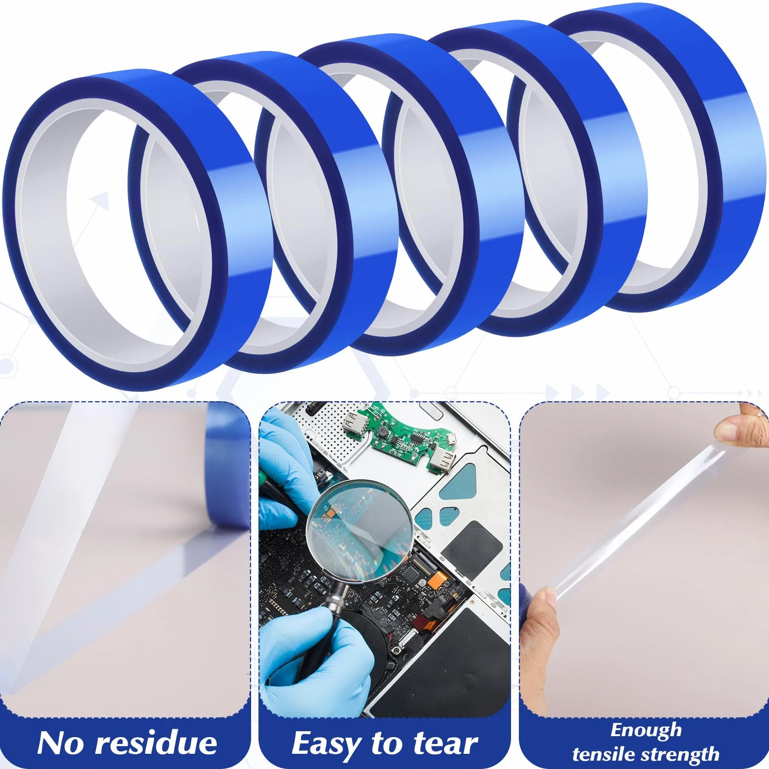 5 rollos de cinta adhesiva resistente al calor, 20 mm x 30 m, cinta térmica azul para sublimación, sin residuos, cinta de protección térmica para electrónica, placas de circuitos impresos