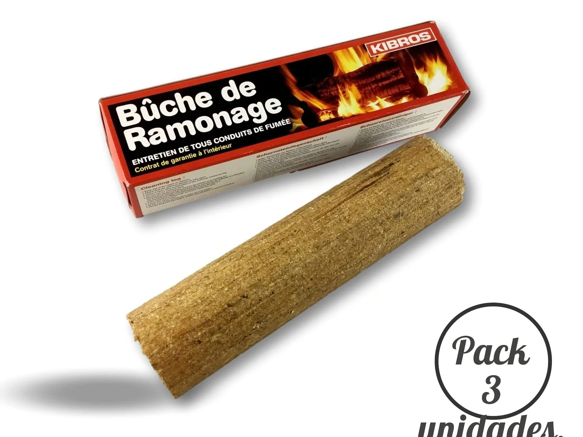 Lote de 3 leños químicos para deshollinar | Chimeneas, Insertos, Estufas, calderas, hogares Abiertos | Compatible con Todos los conductos de Humo | Eficacia Total en 15 días | Kibros 4BUCH2x3