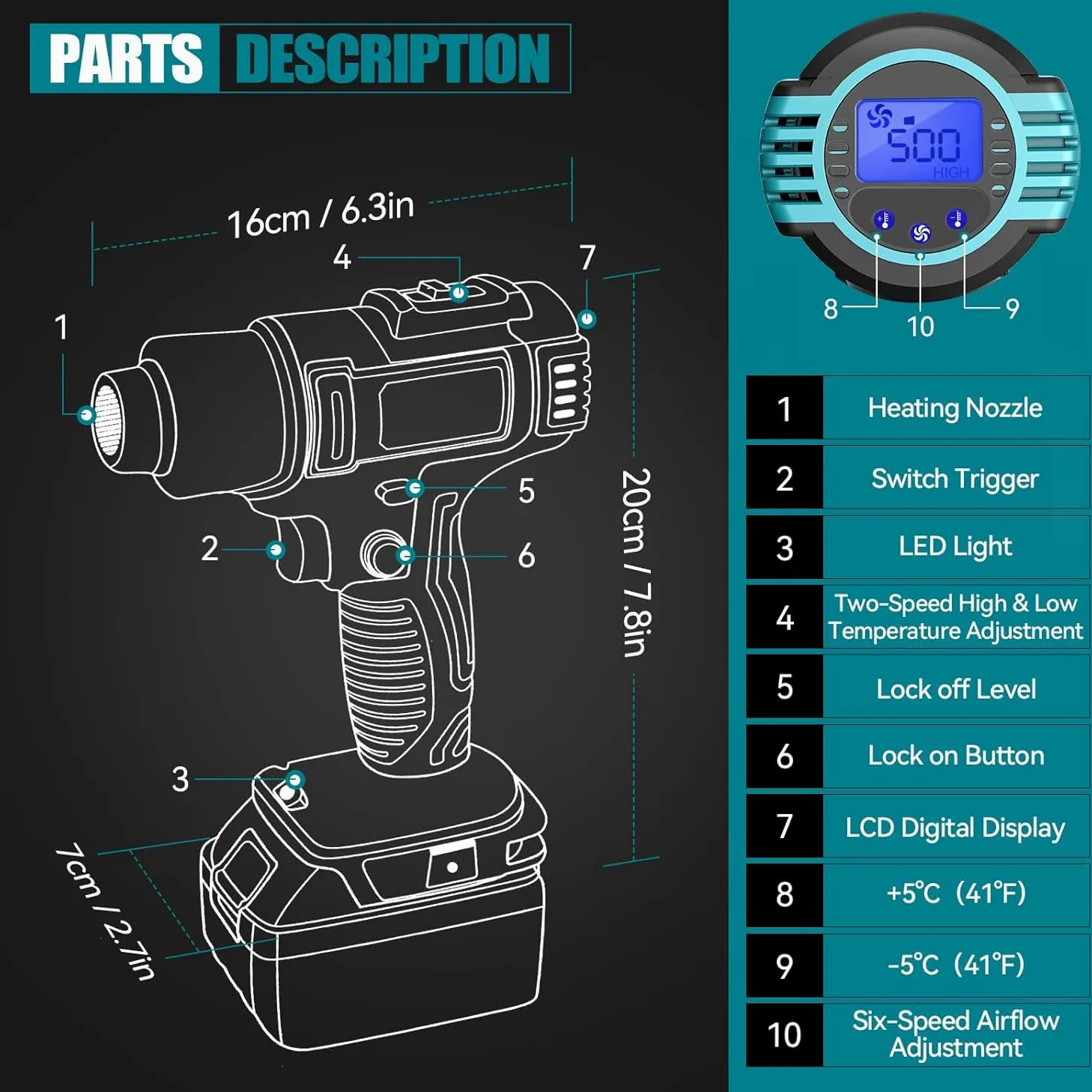 Decaper térmico inalámbrico para batería Makita 18V, 600W 50℃-550 ℃ Decaper térmico AVCE 5 Bocas de ventilación, 6 velocidades de viento, pantalla de temperatura LED, para manualidades, tubos