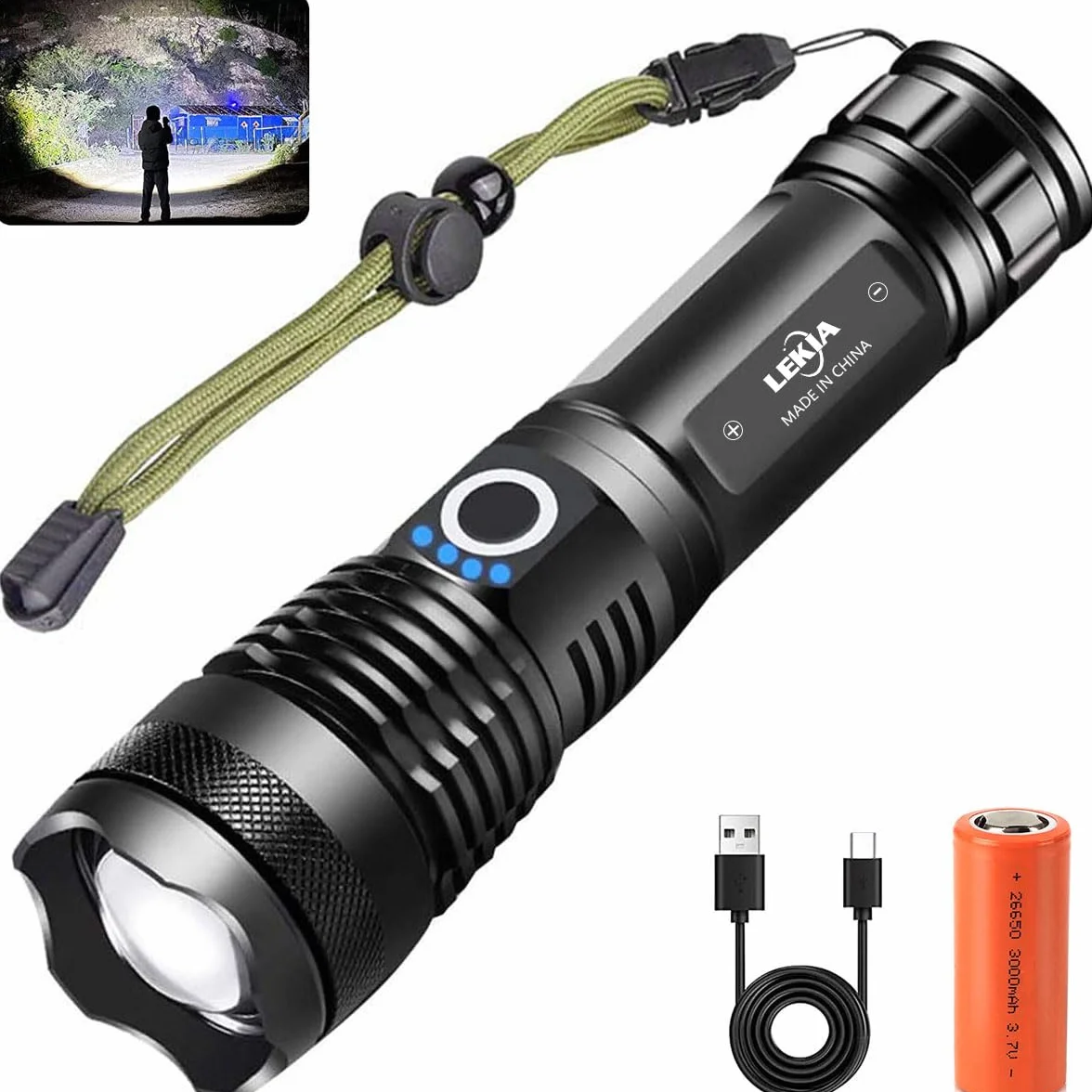 LEKIA 90000 Lúmenes Linterna LED Alta Potencia Recargable USB, 5 Modos XHP70.2 Super Brillante Potente Linterna Táctica Impermeable con Indicador de Encendido para Camping Actividades al Aire Libre