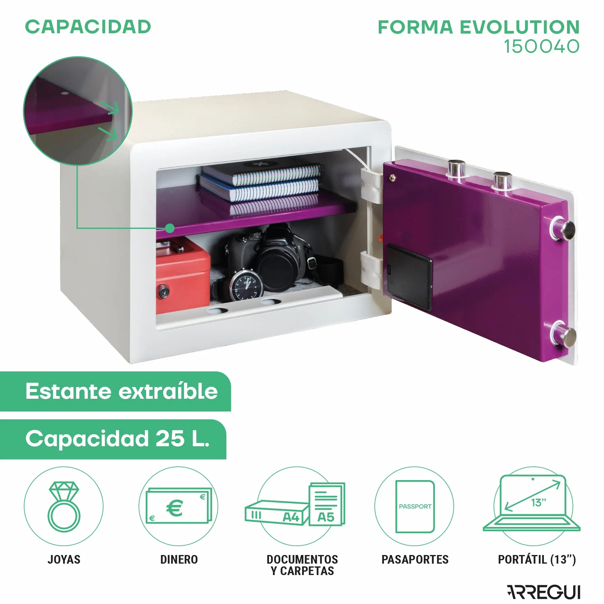 ARREGUI Forma Evolution 150040 Caja fuerte con llave y codigo, facil de usar | Caja de seguridad, apertura con teclado y llave | Caja fuerte electronica para casa, doble seguridad | 27x38,5x30cm | 25L