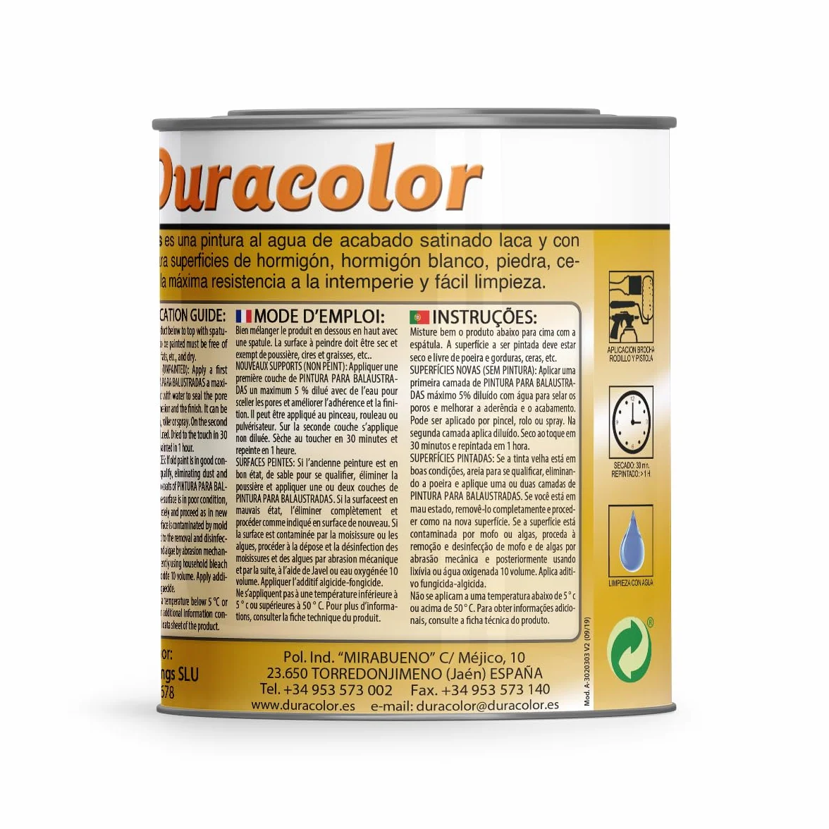 Pintura para Balaustradas Al Agua - Color Blanco - 750 ml - Impermeabilidad al Agua de la Lluvia - Superficie Interior y Exterior - Acabado Satinado - No amarillea - Secado Rápido - Duracolor