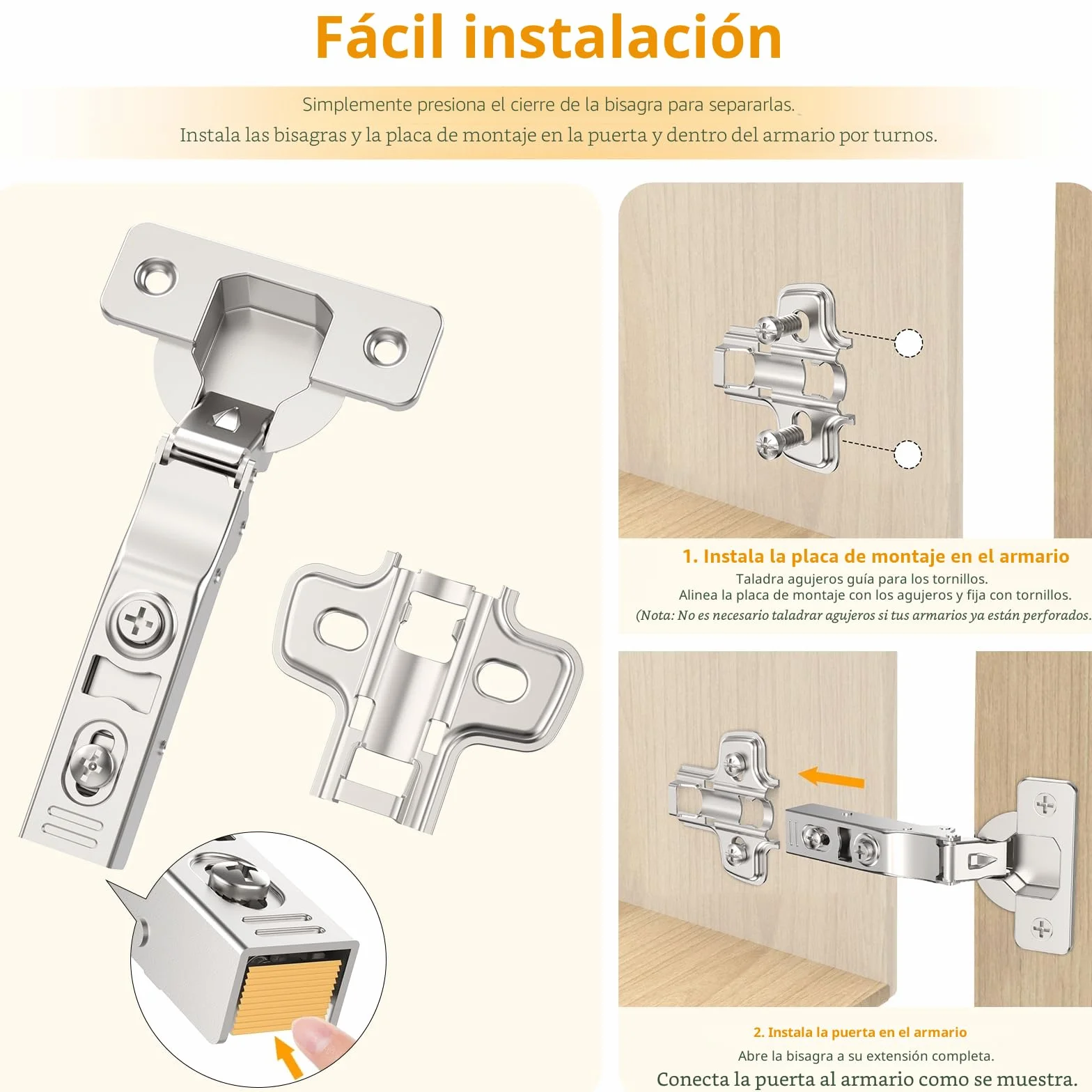 Furniware 2 bisagras ocultas 3D cierre suave ángulo 45°-105° autocierre níquel satinado Clip-On acero inoxidable para puertas armario