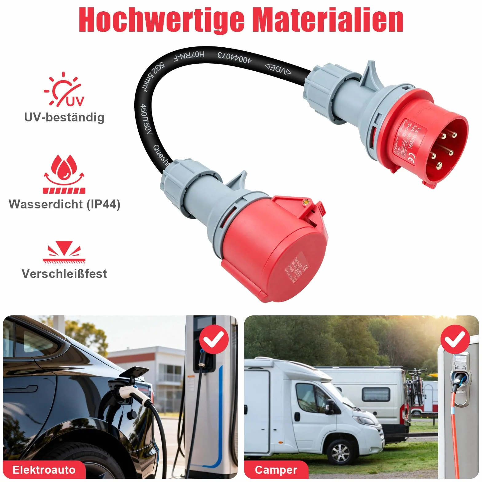 Adapter 32A a 16A, CEE Adapter 32A Stecker auf 16A Kupplung, Starkstrom Adapter 3 Fases con VED 0,5m, Núcleo de cobre 5x2,5mm², 415V máx, IP44 para industria, hogar y carga de vehículos eléctricos
