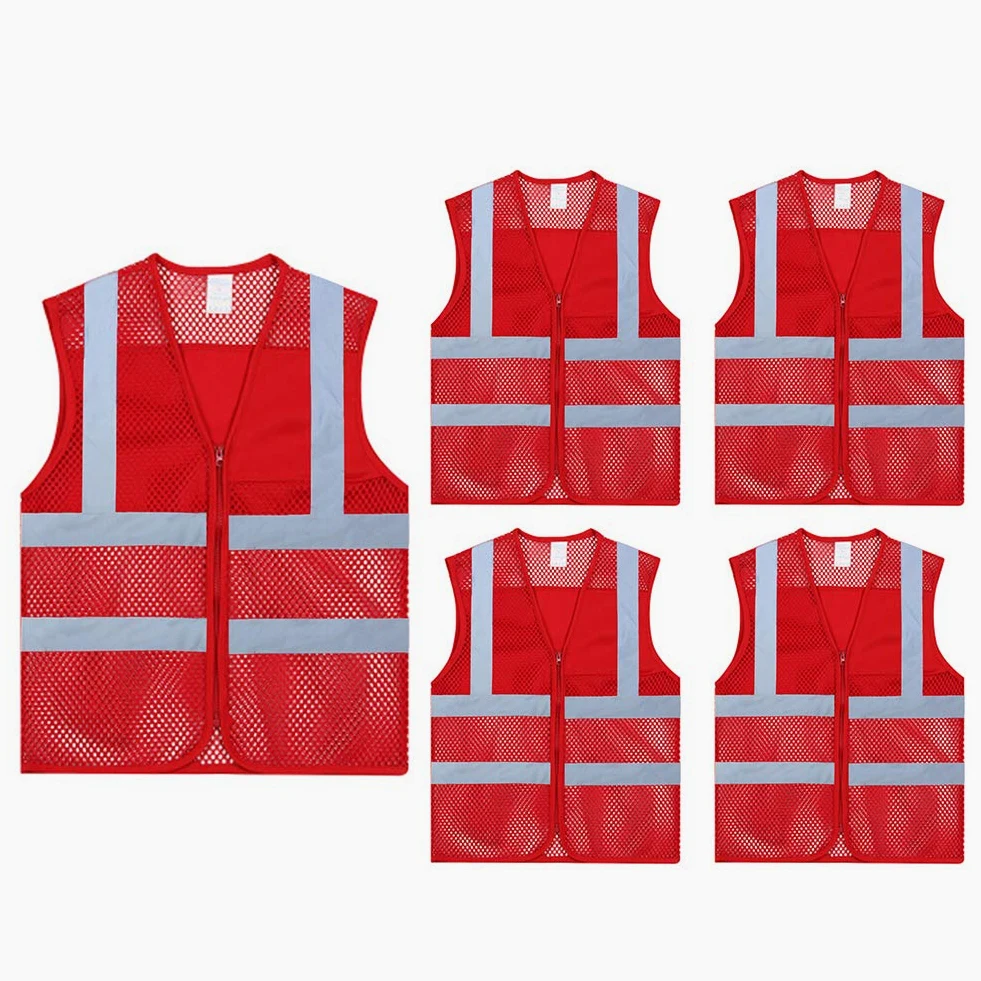 TOPTIE Paquete de 5 chalecos de seguridad transpirables frontales con cremallera de alta visibilidad unisex al por mayor, chaleco de actividad de voluntariado de malla