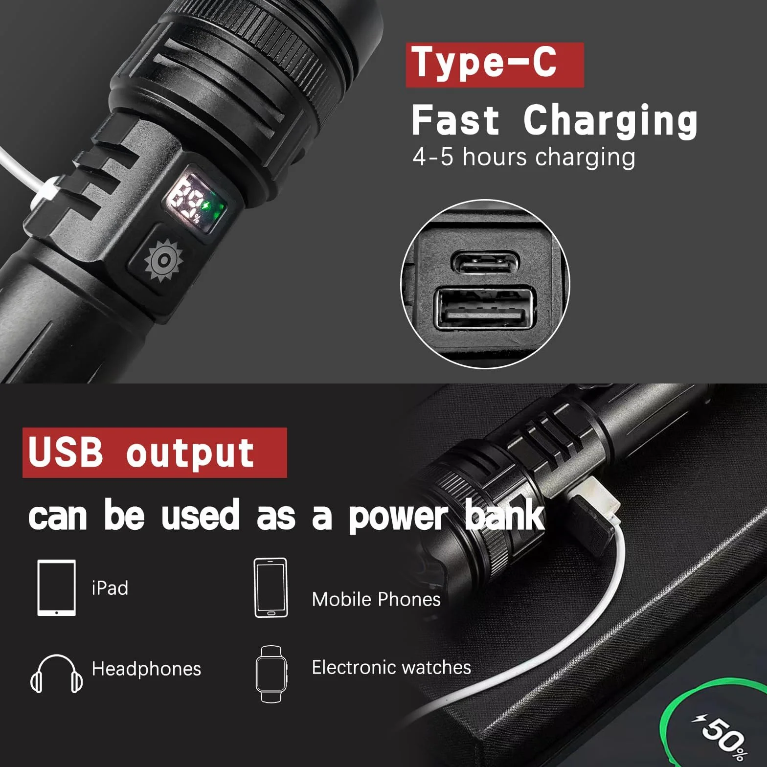 2 Piezas Linternas LED Alta Potencia 30000 Lúmenes, Recargable USB Táctica Militar XHP70.2 Con Zoom y COB, IPX67 Impermeable 5 Modos Portátil