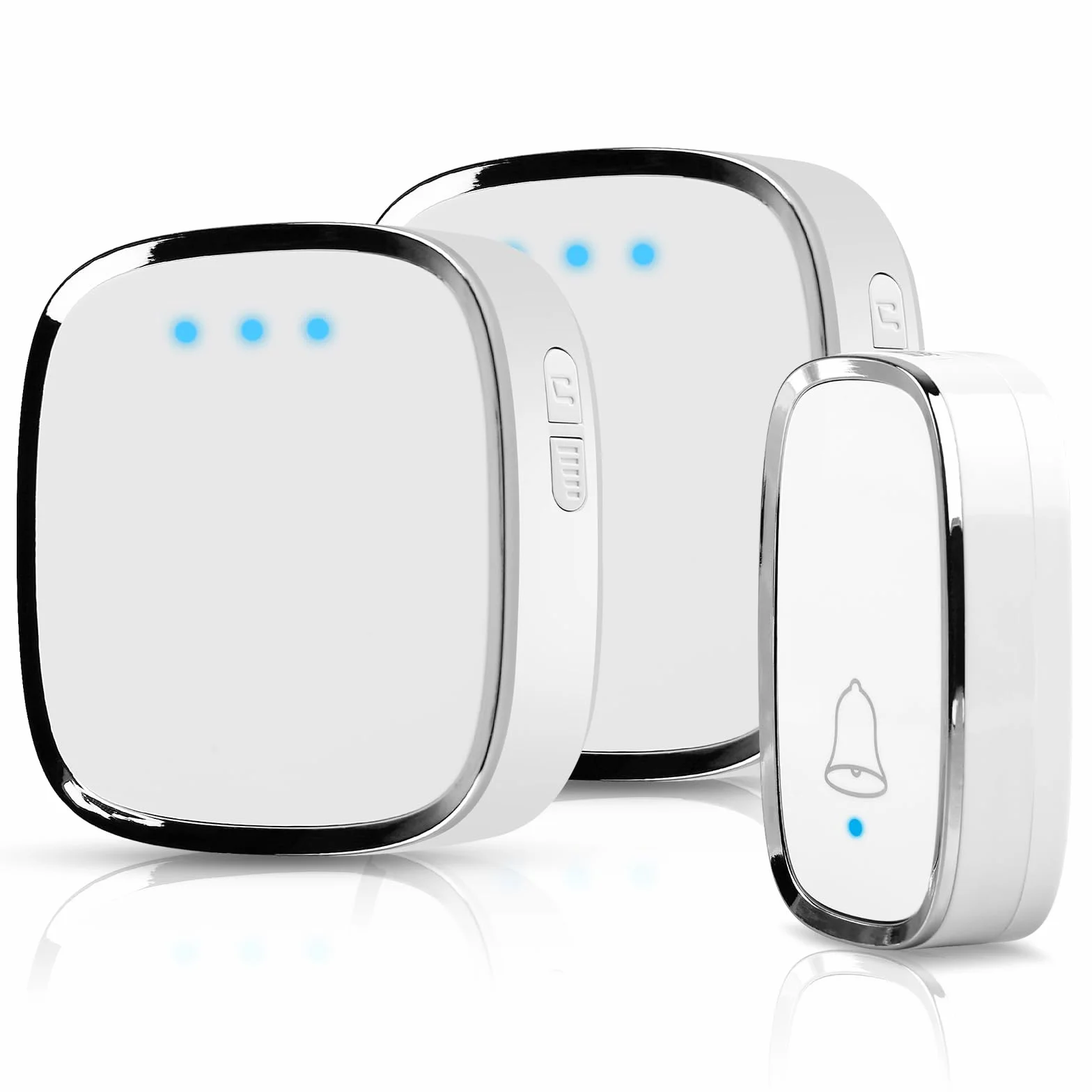 Timbre Inalámbrico Exterior Impermeable Casa: Timbre Inalámbrico Interior, Timbre Puerta, 1 Transmisor y 2 Receptores, Doorbell con Indicador LED, 58 Melodías, 5 Volumen, Alcance a 300m, Blanco