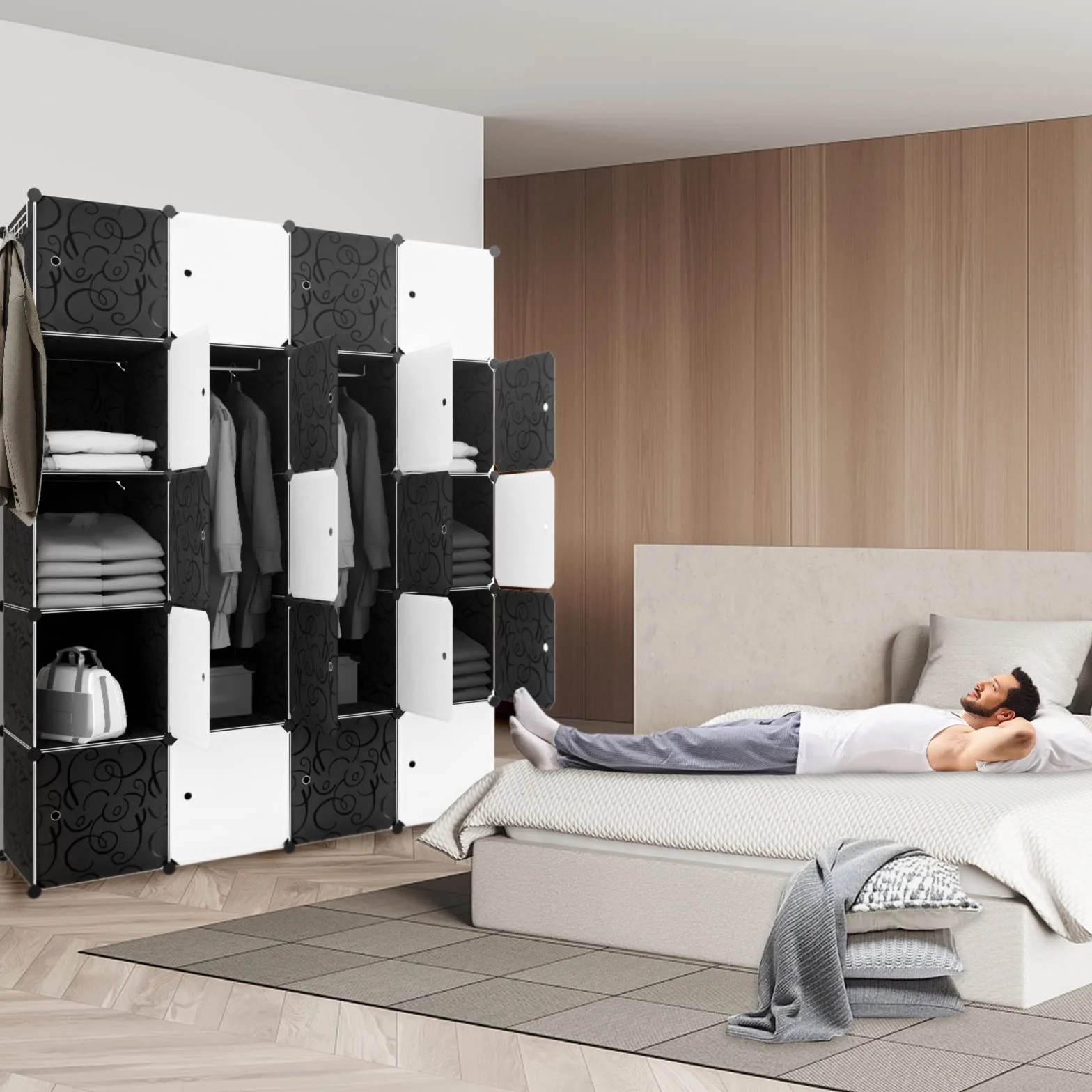 Armario sistema de estanterías con puertas de plástico PP para guardar ropa, libros, 20 cajas con puerta, 2 barras negras