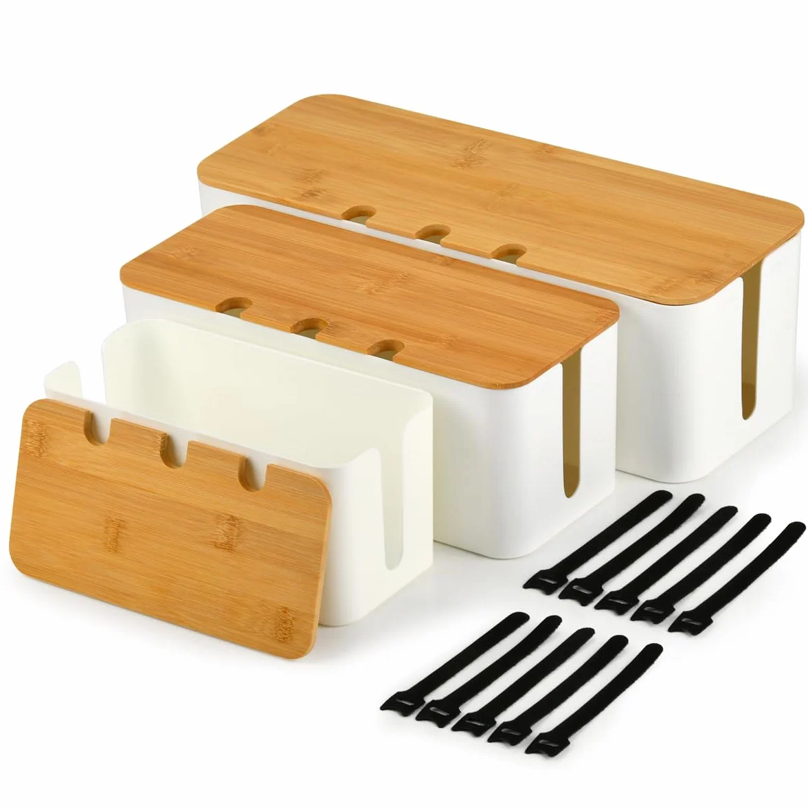 3 Piezas Caja Organizadora Cables, Caja Organizadora de Cables con Tapa de Bambú, Organizador Cables Caja con Agujeros Arriba y a Los Lados, Caja Cables, para Hogar y Oficina - Blanco, L/M/S