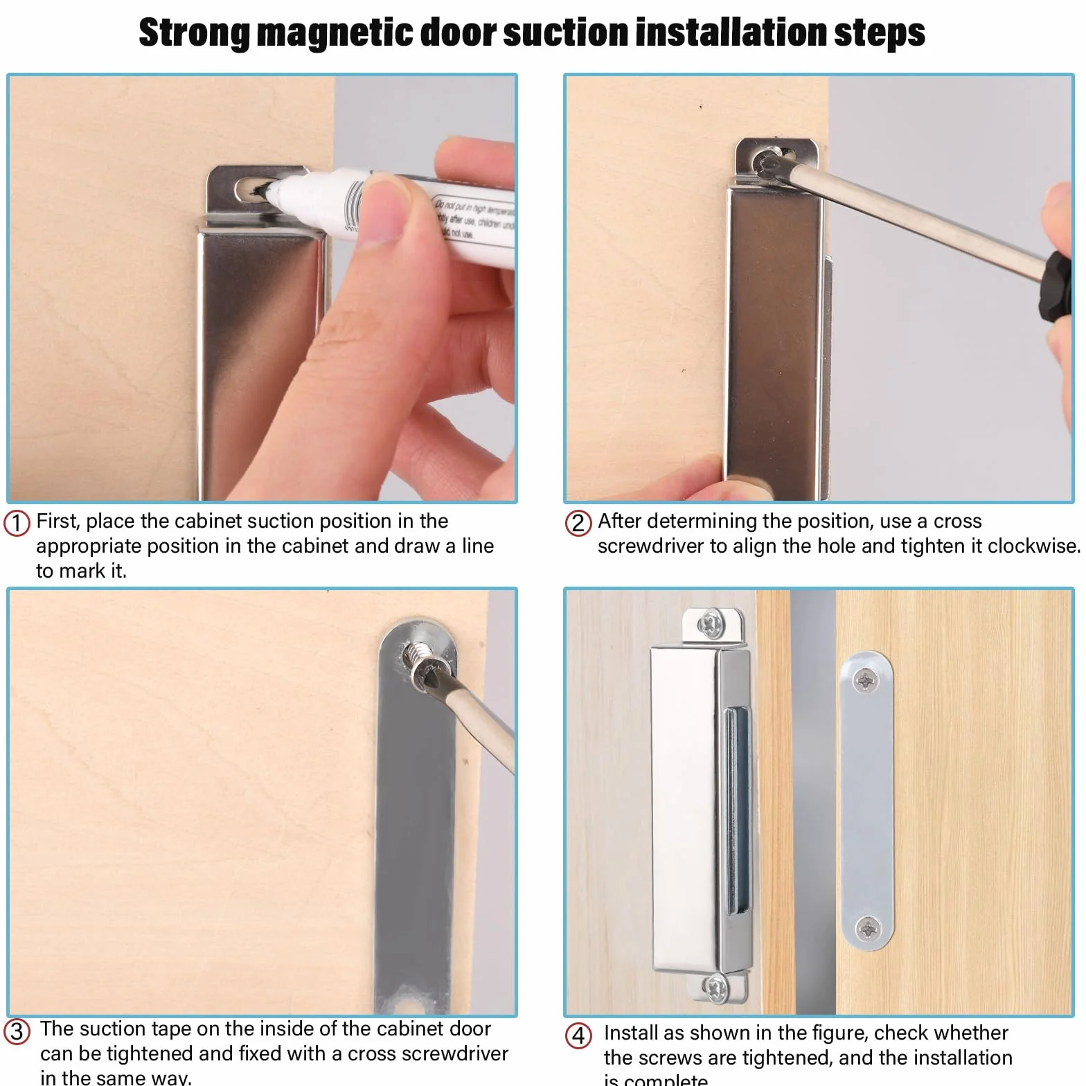 MIN CI Paquete de 4 cierres magnéticos para puerta, imanes fuertes resistentes de 45 kg, imanes de puerta de neodimio, imanes magnéticos de acero inoxidable para armarios, cocina, baño, armario