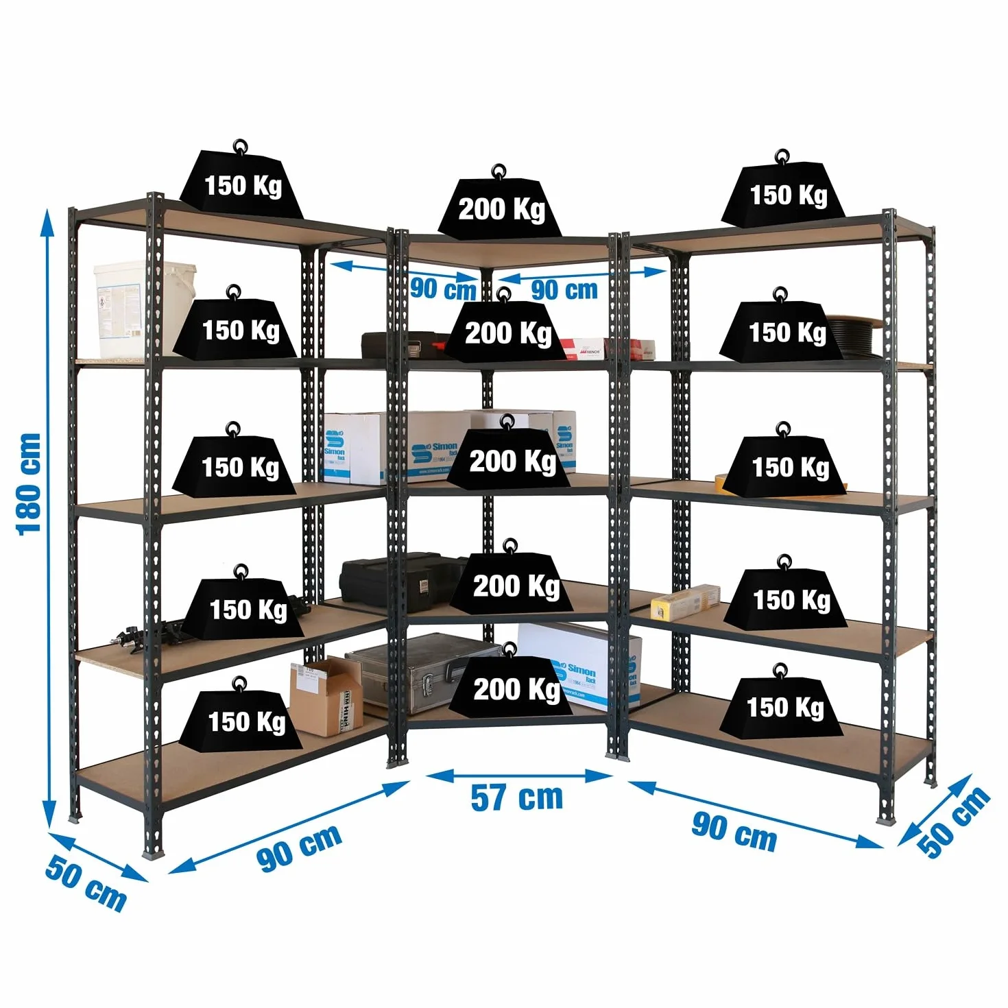 Simon Rack Estanteria Esquina Metalica, 1800x1800x500 mm, 5 Baldas Madera, 200 kg de Punto Flexión, Estanterías Almacenaje, 1 Módulo Extra, Antracita/Madera - Maderclick Corner