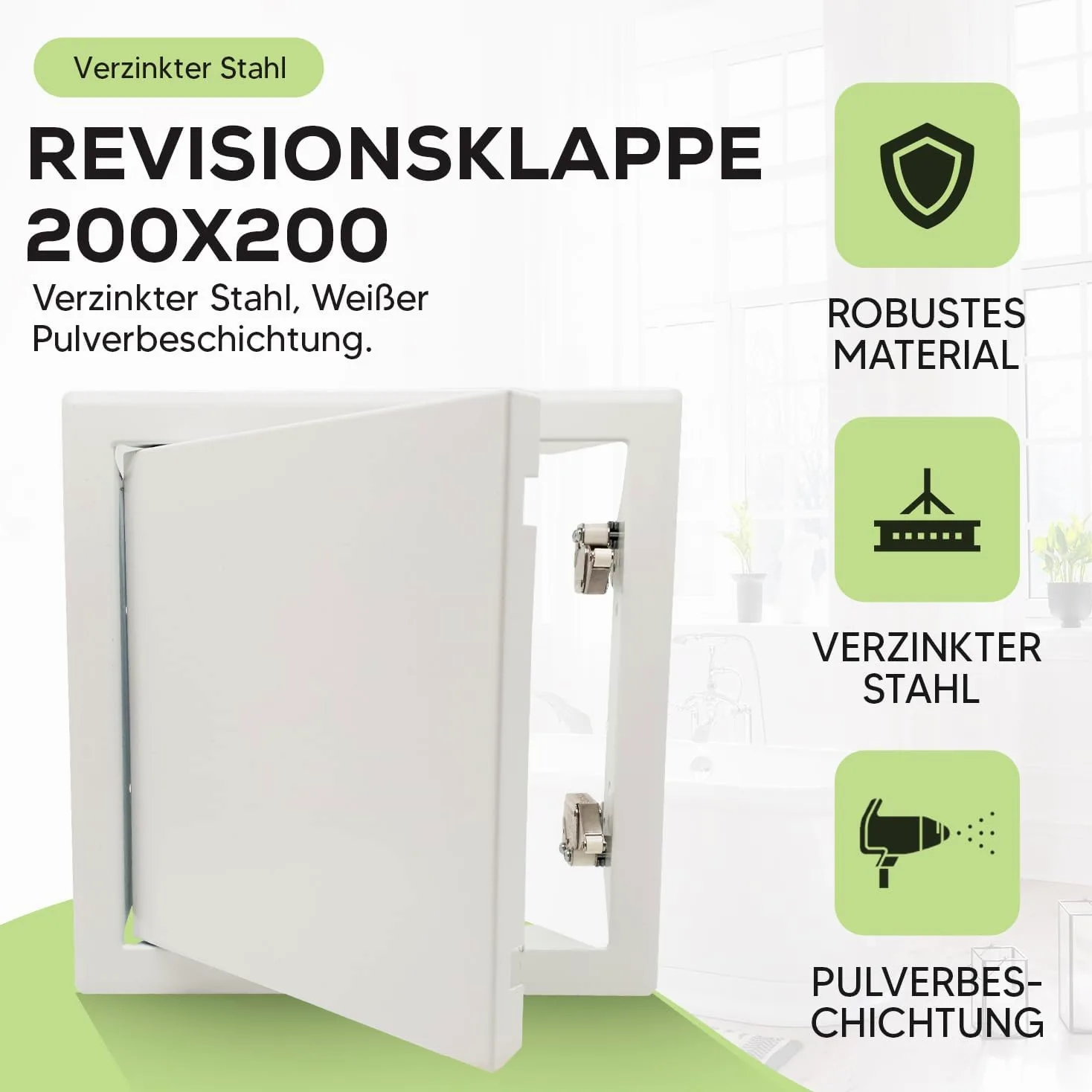 Tapa de revisión de 20 x 20 cm con cierre a presión, puerta de revisión, 200 x 200 mm, sistema de empujar para abrir, acero recubierto de blanco