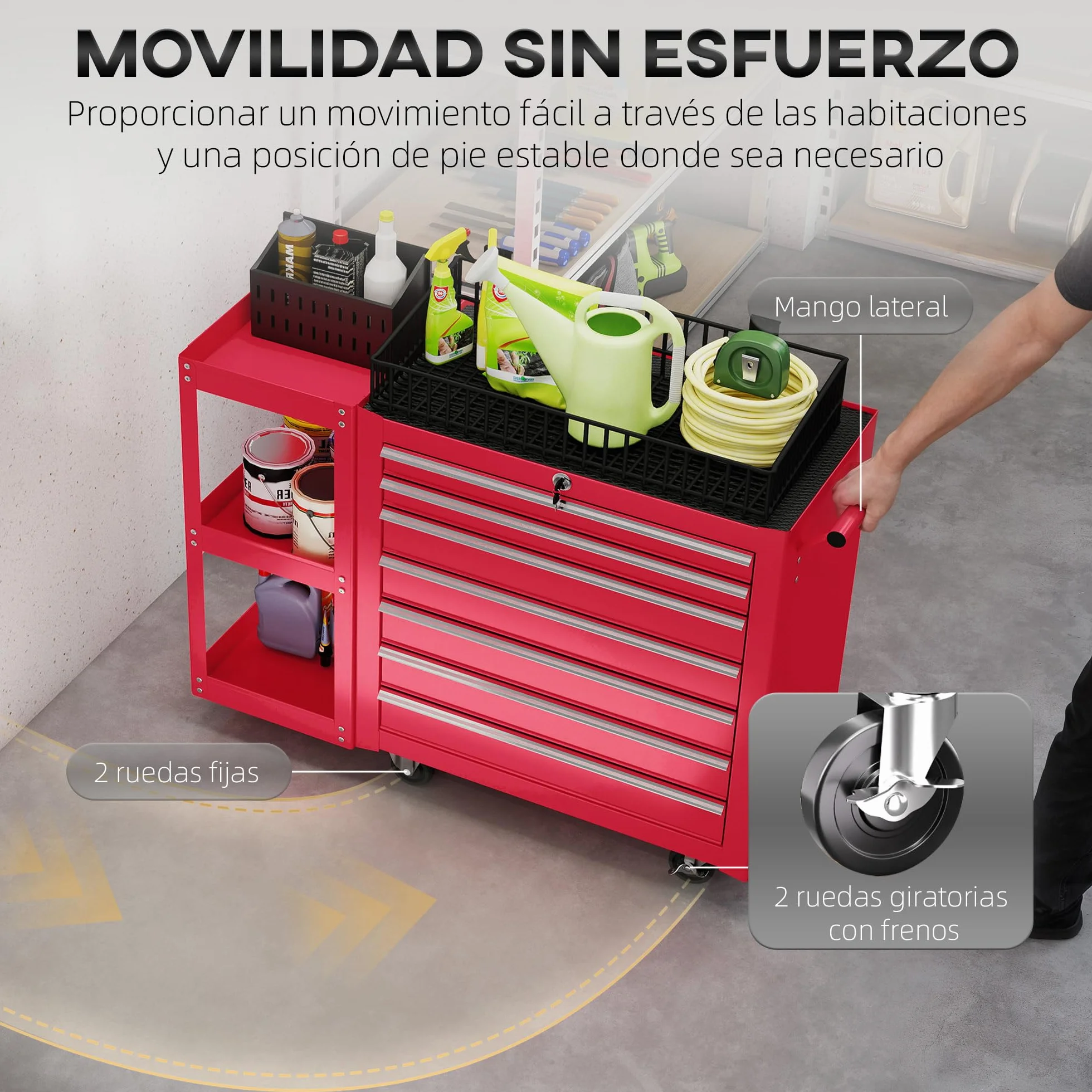 HOMCOM Carro de Herramientas 7 Cajones, Taller Estantería 3 Niveles Desmontable, Cierre Central, Asa, Ruedas Freno, Rojo