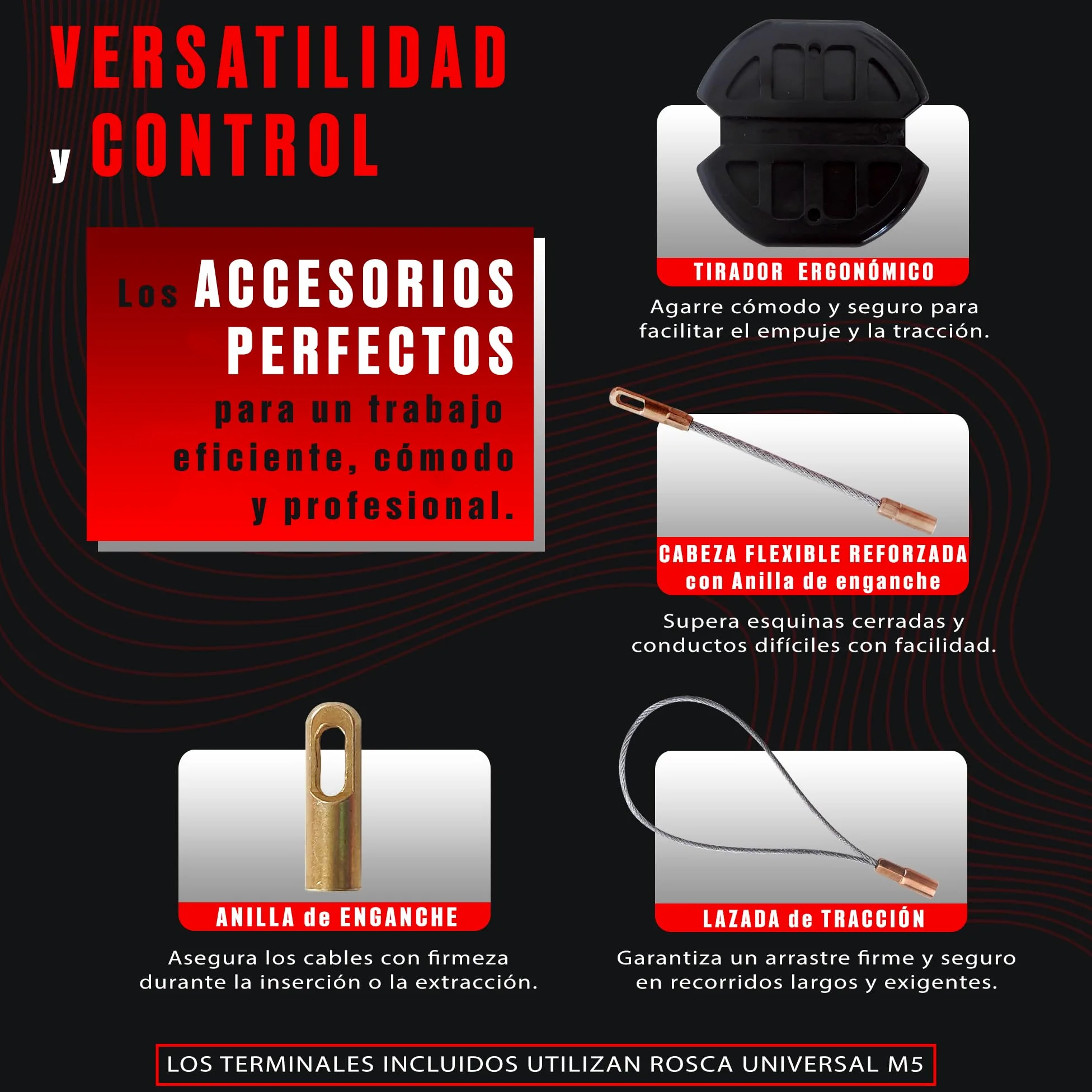 Guía Pasacables Profesional de 30m y 4.5 mm | Monofilamento Trenzado de Poliéster | Tirador Ergonómico y 3 Terminales Intercambiables | Herramienta para Electricistas y Bricolaje
