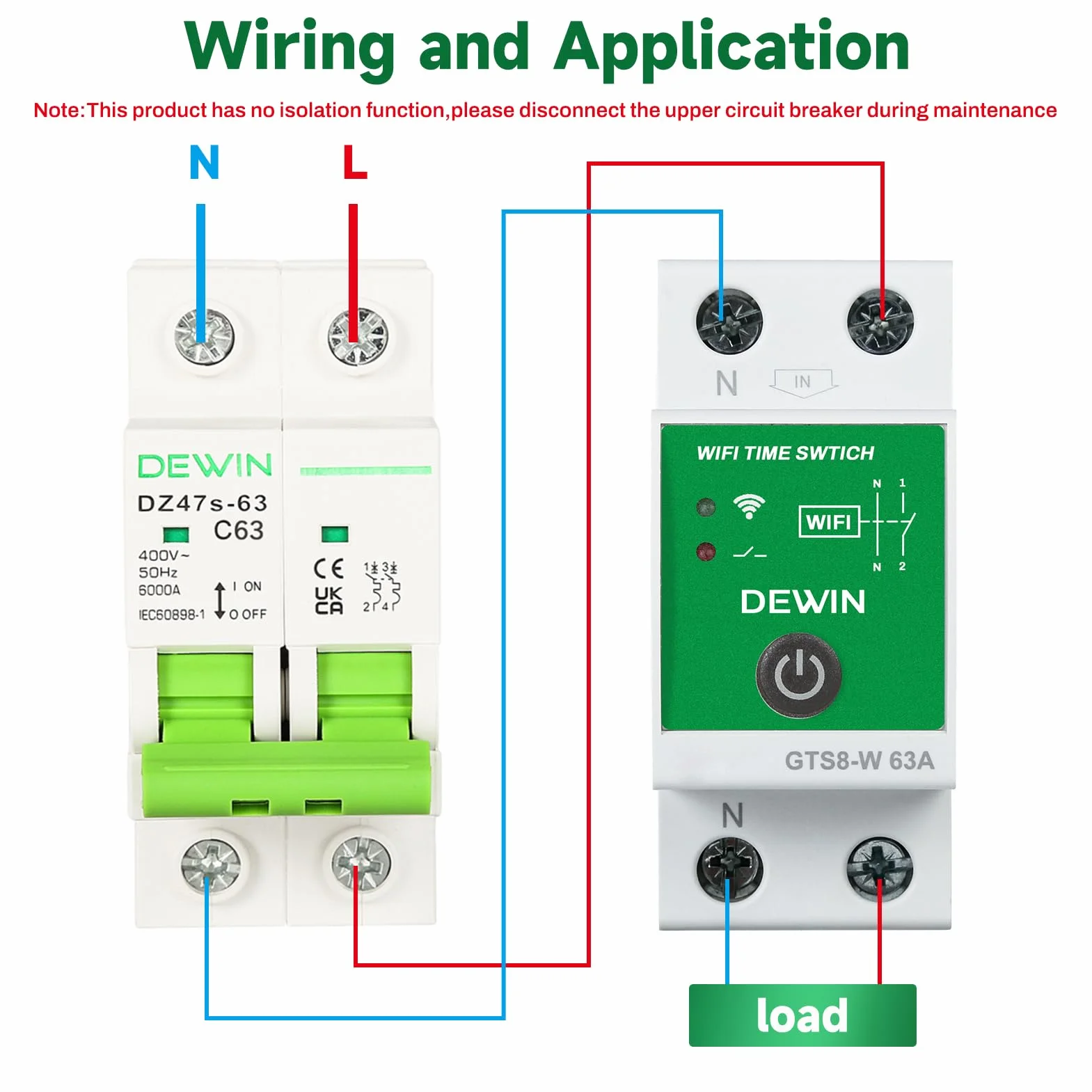 DEWIN WiFi Temporizador Inteligente, 2P CA 230V 63A Rele WiFi Interruptor Inteligente Tuya App Control Temporizador con Programación Instalación en Carril DIN GTS8-W