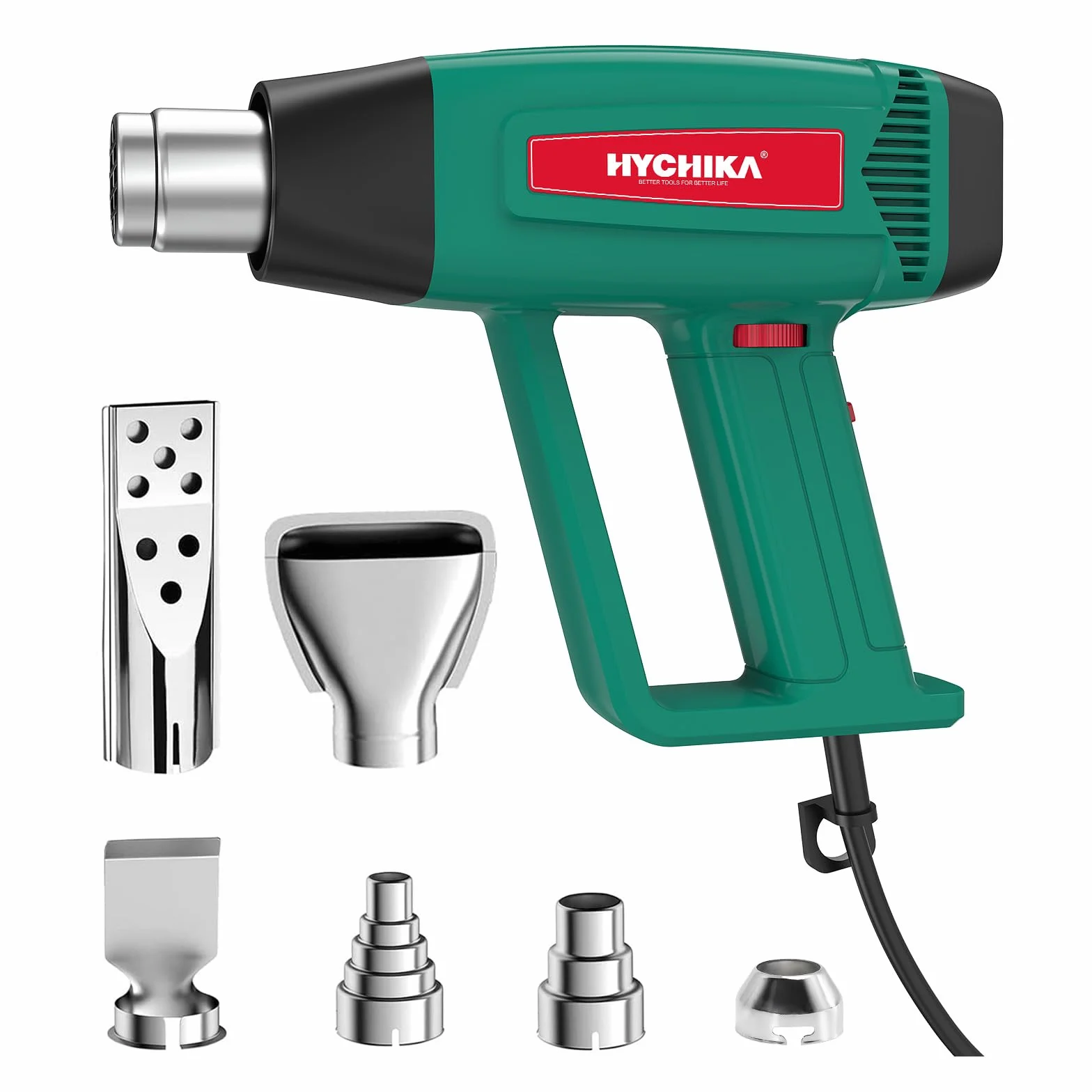 HYCHIKA Pistola de Calor Profesional, 60℃- 600℃ Temperatura Variable Continua, Motor de Cobre Puro de 1800W, Protección Contra Sobrecarga, 6 Boquillas para Decapar Pintura, Termorretráctil, etc