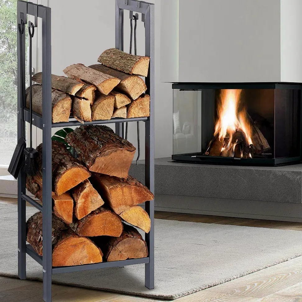 BAKAJI Leñera vertical soporte estantería de metal porta leña 2 estantes de interior exterior leñera casa jardín para chimenea, chimenea, estufa de diseño moderno (100 x 40 x 30 cm)