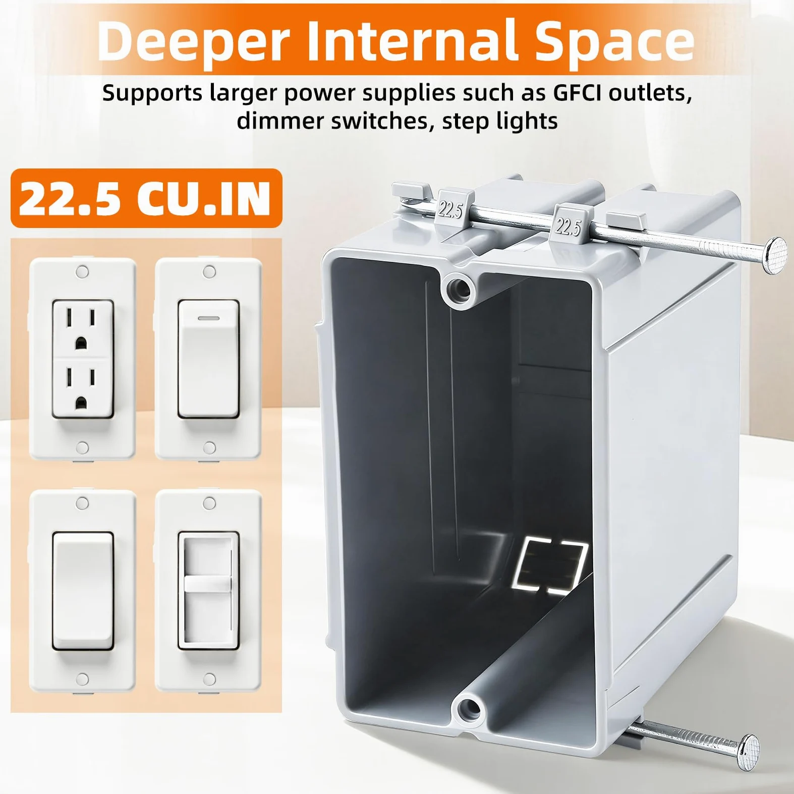 Caja de conexiones de PVC para interruptor de atenuación GFCI, ultra profunda, de 22.5 pulgadas cúbicas, 1 banda, para interruptor de atenuación GFCI, luz de paso, color gris (paquete de 24)