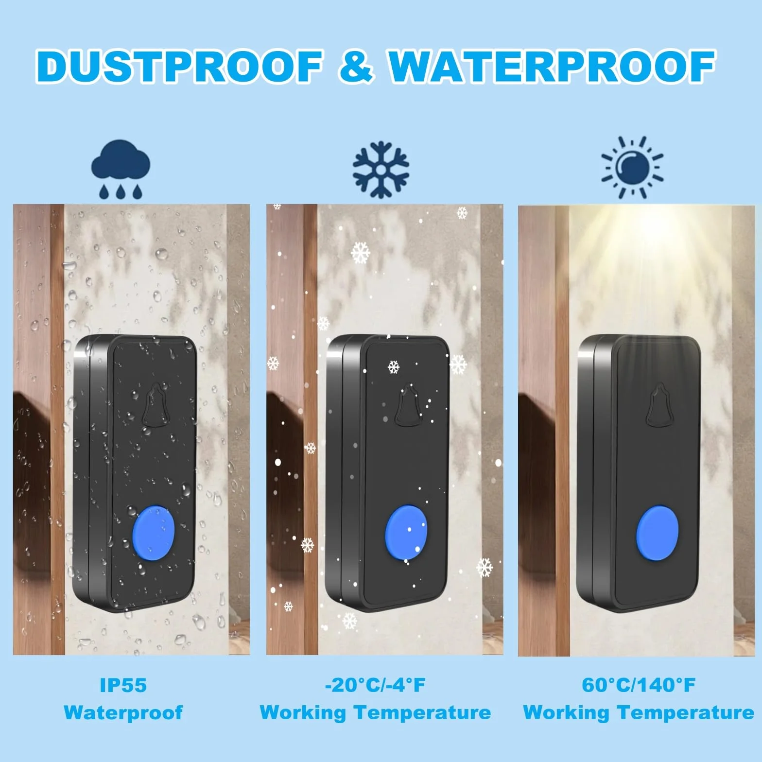 Timbre Inalámbrico Exterior Impermeable IP55, 1 Transmisor 1 Receptor, Rango 1000 pies, 55 Melodías, Negro