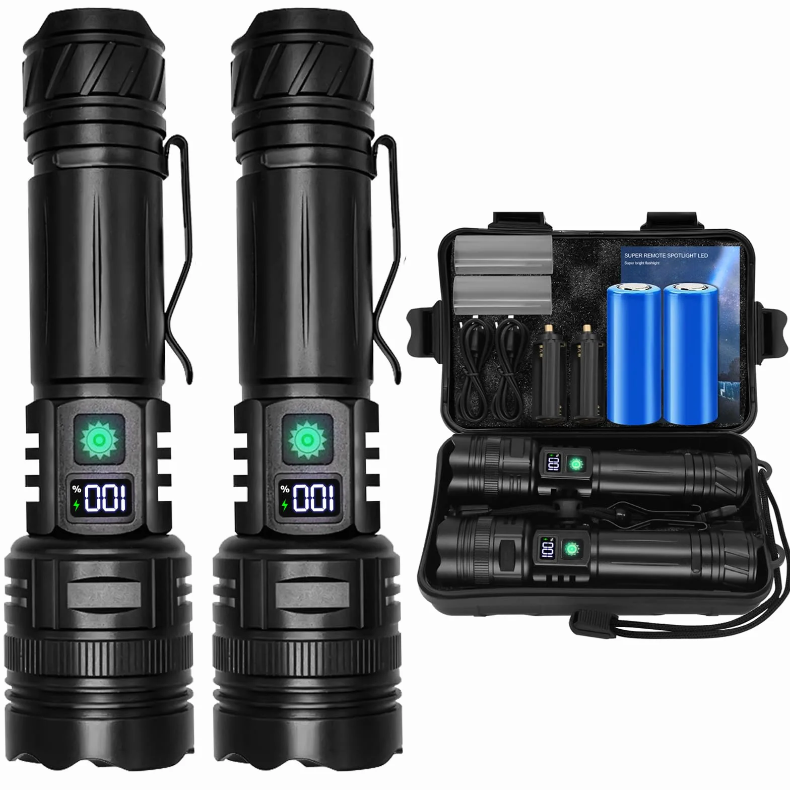 2 Piezas Linternas LED Alta Potencia 30000 Lúmenes, Recargable USB Táctica Militar XHP70.2 Con Zoom y COB, IPX67 Impermeable 5 Modos Portátil
