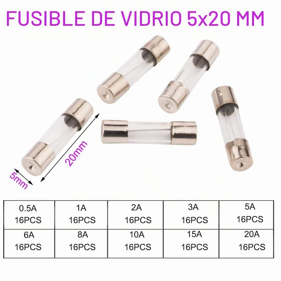 Kit de 160 Fusibles de Tubo de Vidrio de Coche, 250V 5x20mm, Soplado Rápido (0.5A-20A)