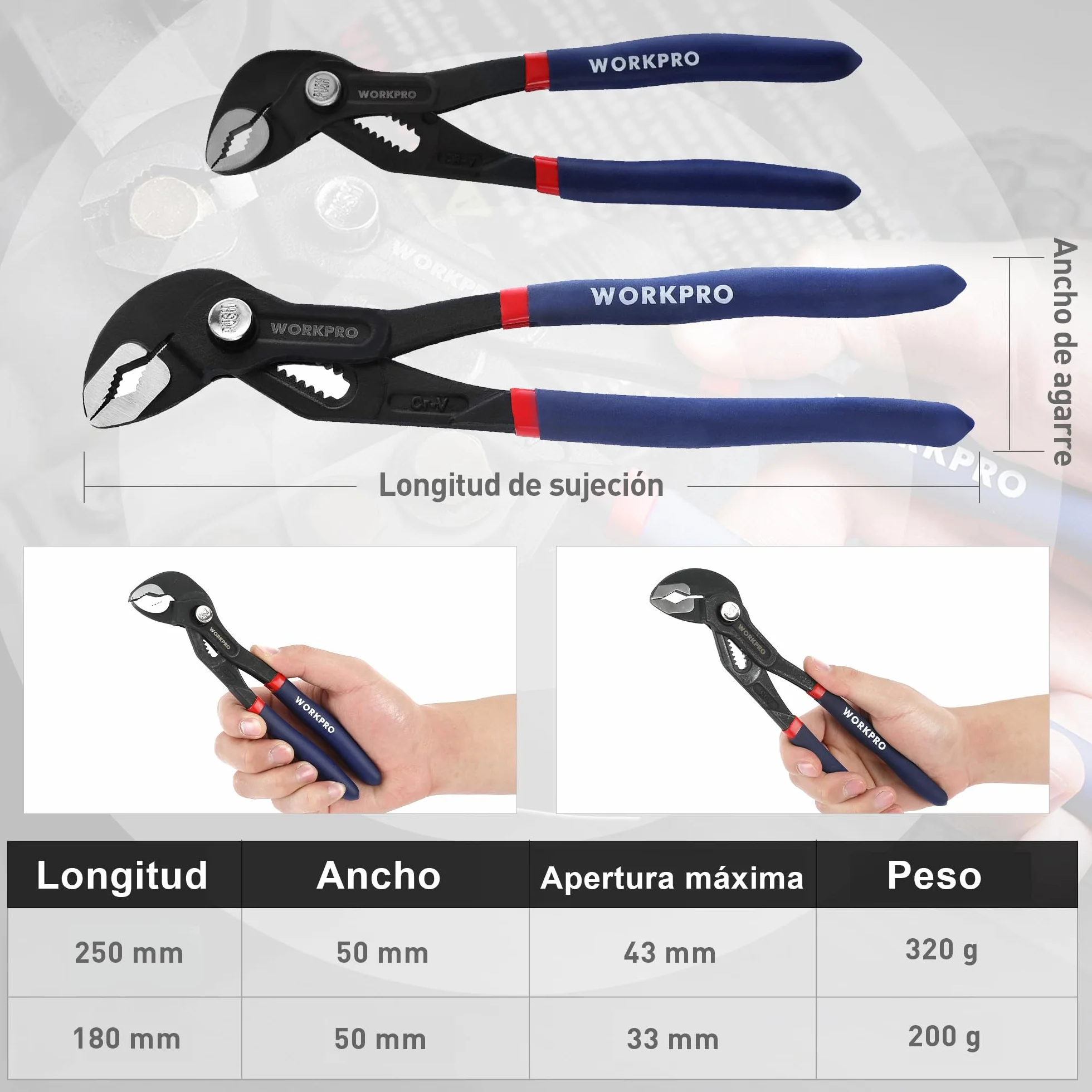 WORKPRO - Pinzas para bomba de agua de 180 mm y 250 mm, asas de manguera ajustables rápidas, conjunto de pinzas de junta deslizante con gran capacidad de mandíbula y mango antideslizante