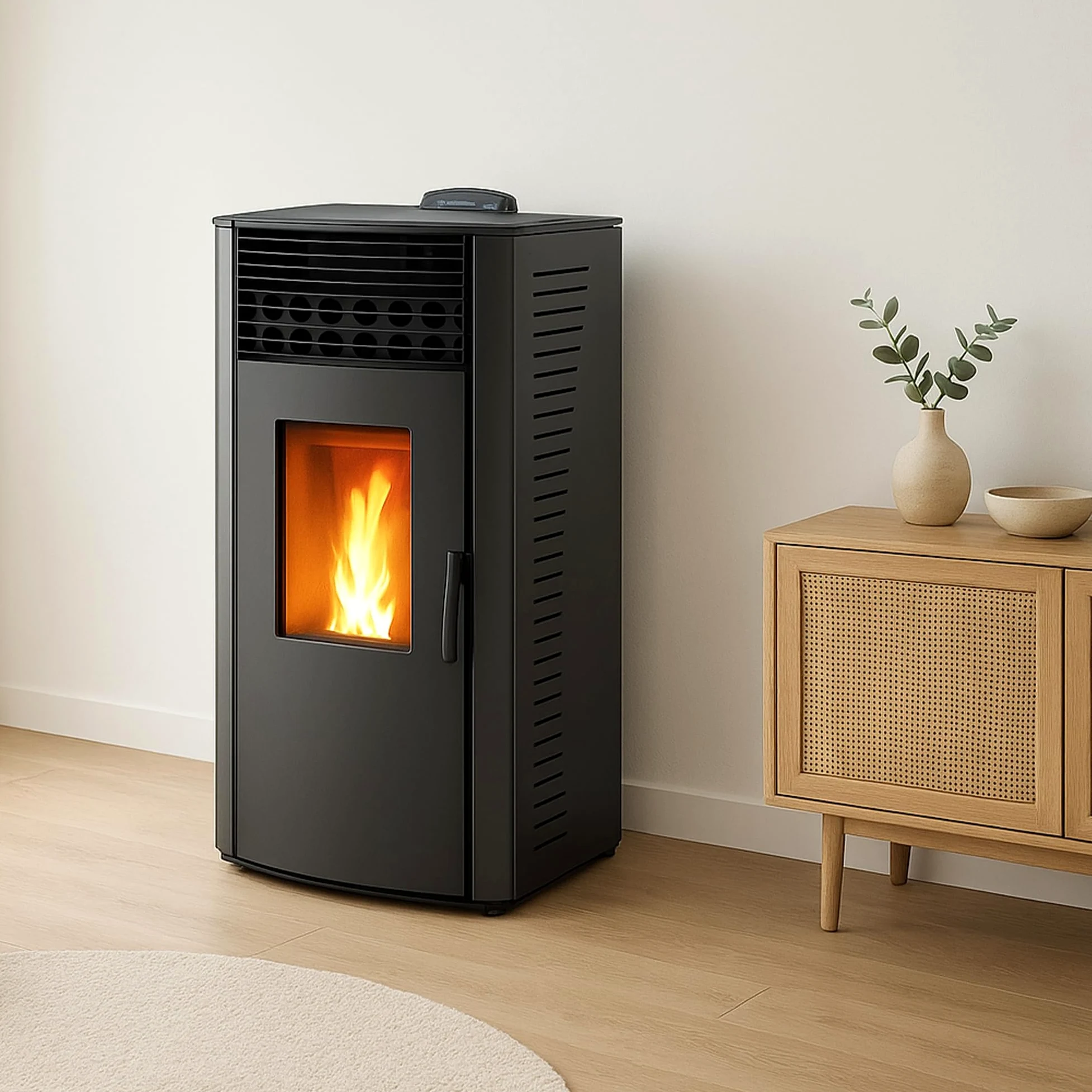 Estufa de pellets impermeable Anita 15 kW negro Sannover + Kit de instalación completo