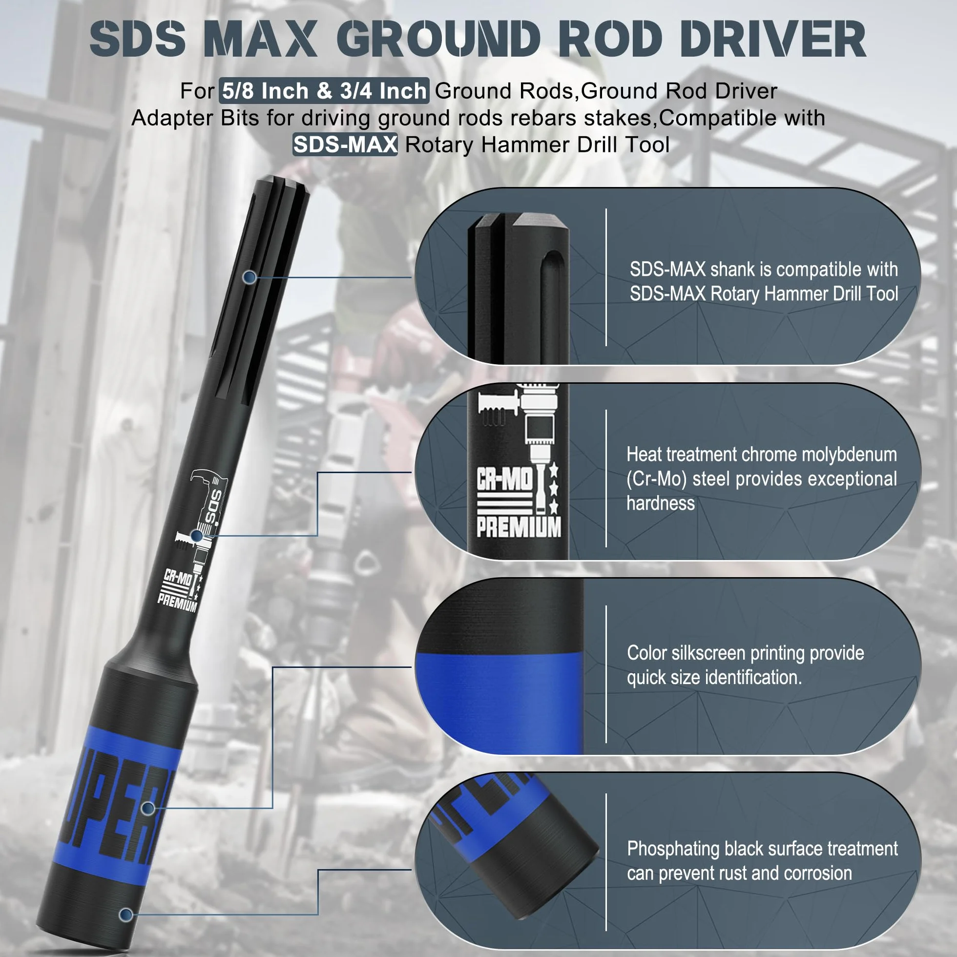 SDS-Max - Adaptador de varilla de tierra para accionamiento de escaleras de tierra, compatible con SDS-Max rotatorio martillo perforador, diámetro interior 20 mm