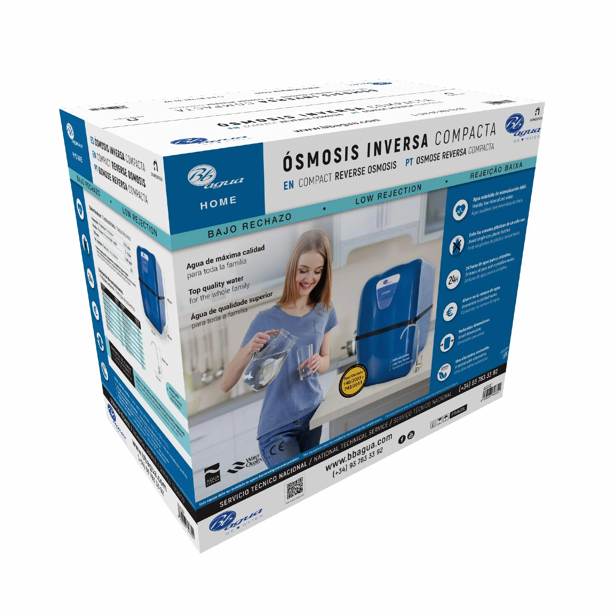 Bbagua Home. Equipo de Osmosis Inversa Compacta de 5 Etapas. Fácil Instalación bajo encimera y cambio de Filtros. Bajo rechazo. Agua saludable de mineralización débil.