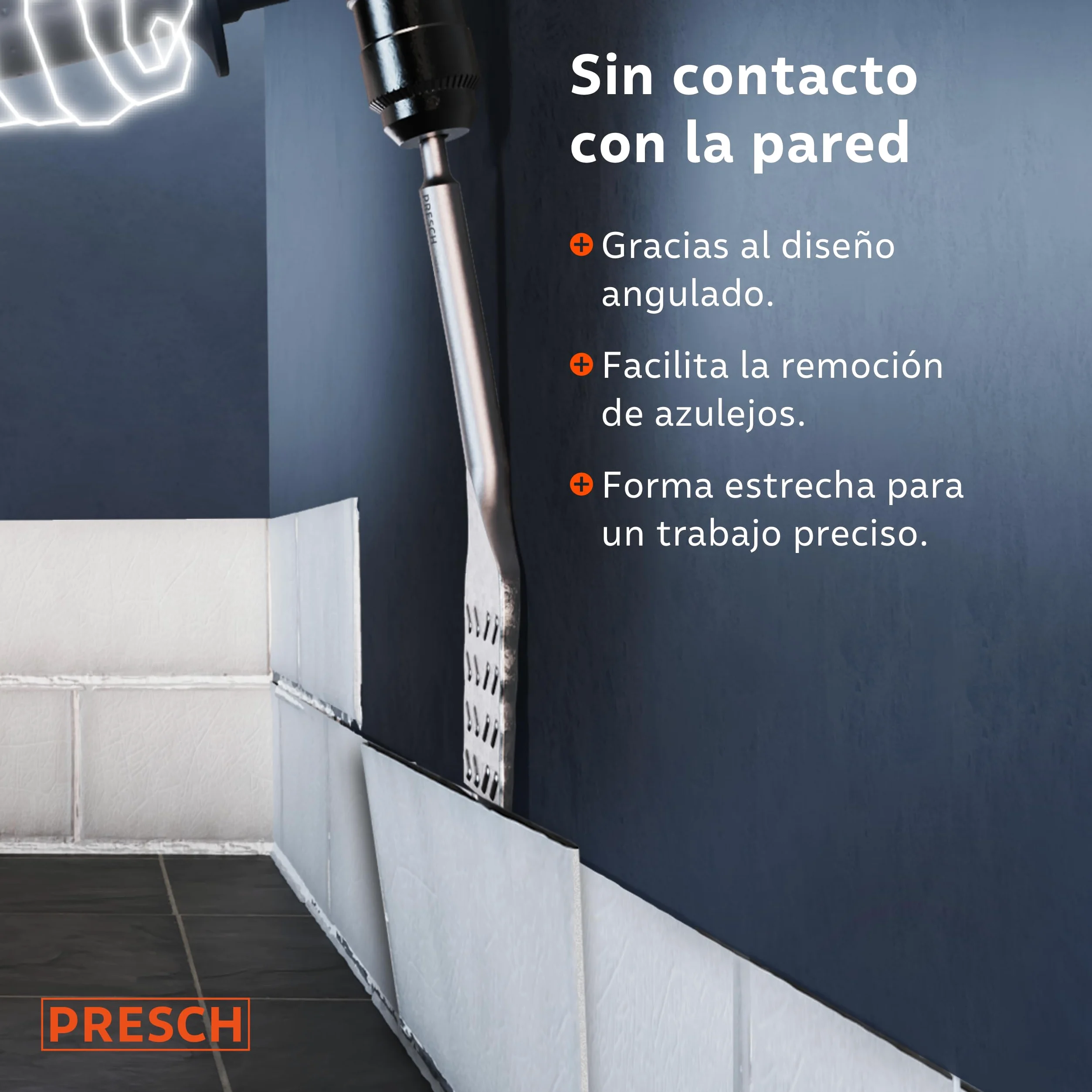 PRESCH SDS plus Cincel Azulejos - Extra largo (250mm) - Bord de corte extremadamente duradero (50mm ancho) - Acodado para facilitar la extracción de azulejos - Acero de alto rendimiento