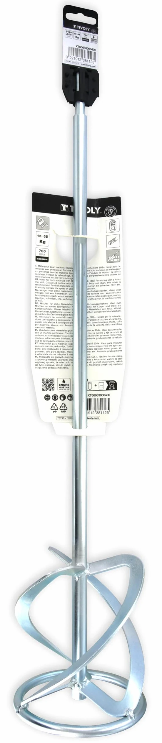 TIVOLY – Mezclador de materiales gruesos SDS+ para perforador, 600 mm, diámetro de 120 mm, varilla de acero al carbono, resistente y eficaz