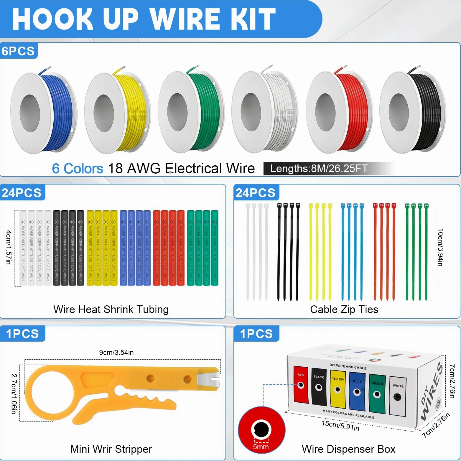 Cable eléctrico de silicona - 18AWG 0,75mm² 6 colores(cada color 8 m) Alambres eléctricos kit Alambre de cobre estañado trenzado Para bricolaje, modelos RC, lámparas, electrodomésticos, etc.