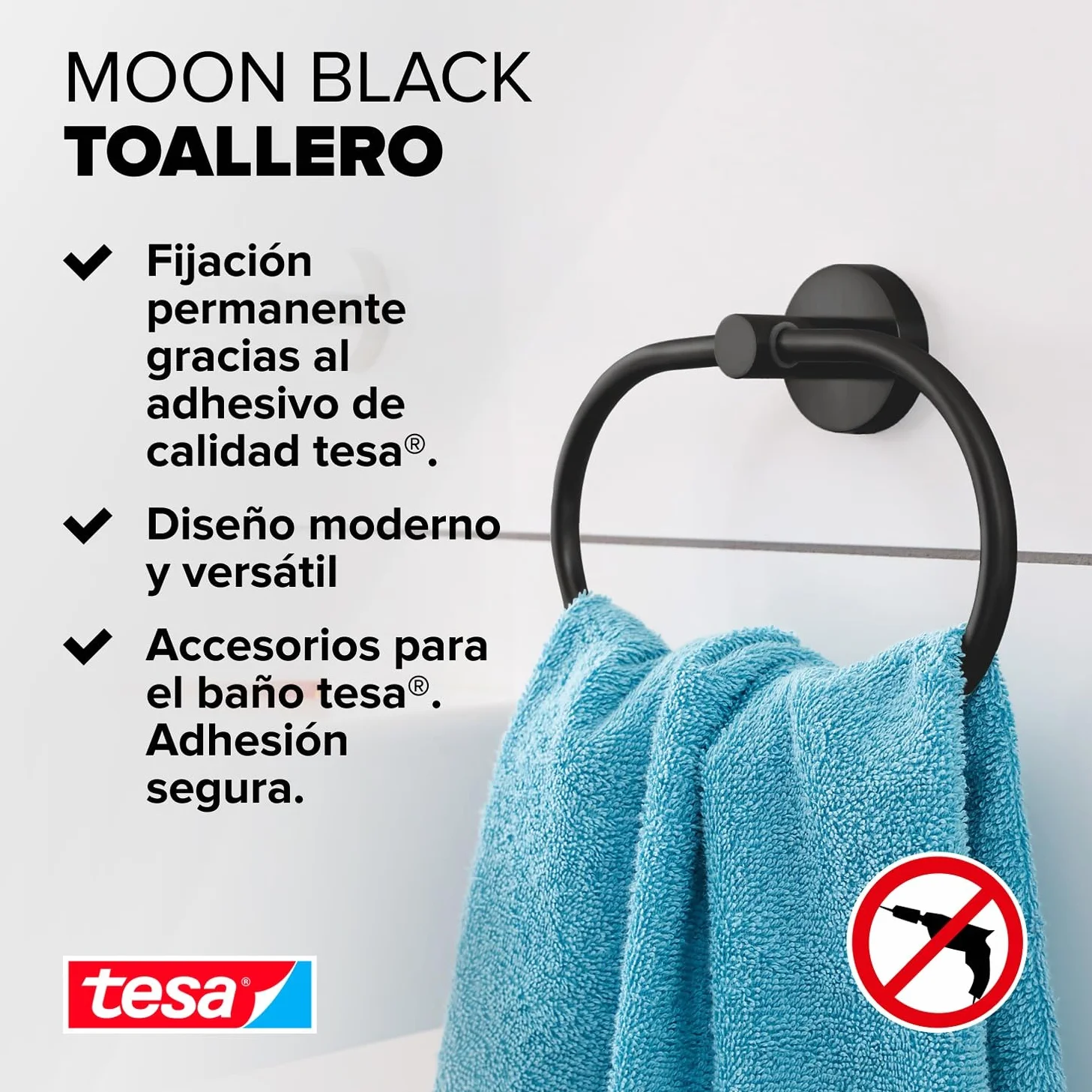 tesa Anilla de Toallas Moon Black Negro Mate autoadhesiva 53 mm x 184 mm x 130 mm
