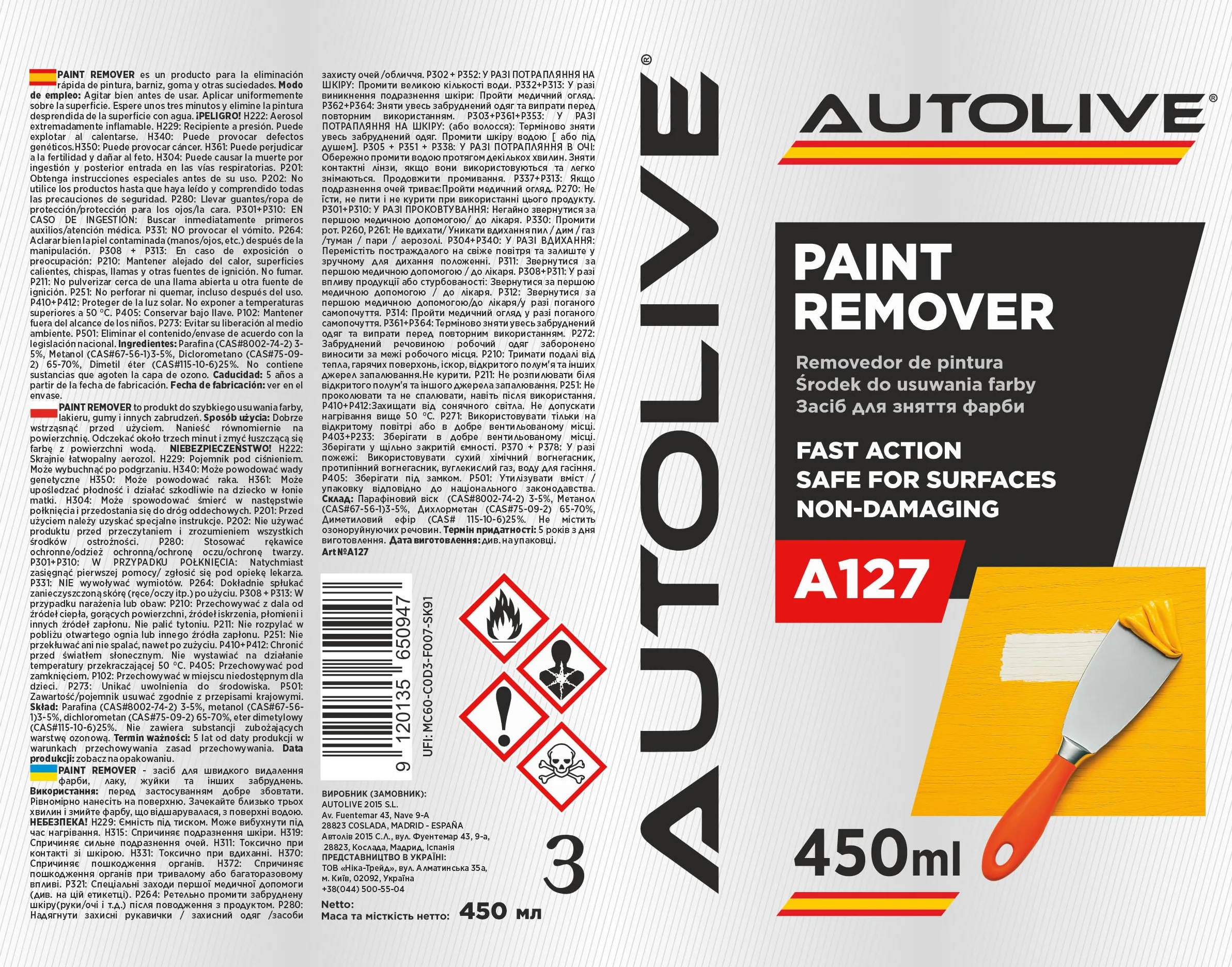 AUTOLIVE Eliminador de Pintura Profesional Spray Pack de 3 x 450 ml – Acción Rápida, Seguro para Superficies y No Dañino – Elimina Pintura, Laca, Goma de Mascar y Suciedad Difícil