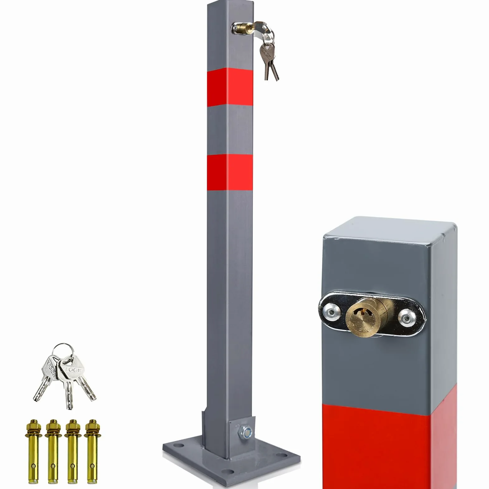 Sonnewelt 1 poste de aparcamiento con 3 cierres, bloqueo de aparcamiento con tiras reflectantes, postes de barrera plegables, acero robusto, soporte estable para parque