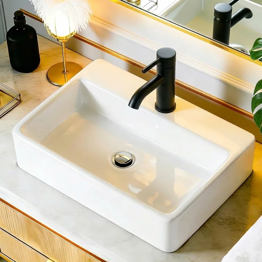 NUESTRA VIDA Lavabo sobre encimera de cerámica blanco, diseño rectangular y compacto (40x29.5x12 cm), incluye orificio para grifo, ideal para baños pequeños y aseos