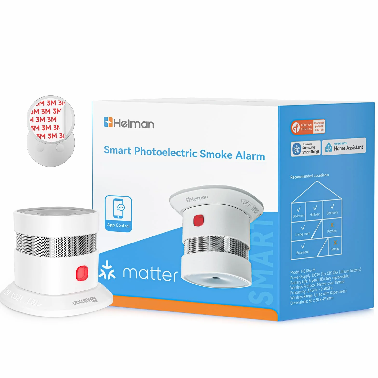 Heiman Detector de Humo Matter Over Thread con Soporte Magnético Batería Reemplazable 5 Años EN 14604 HS1SA-M