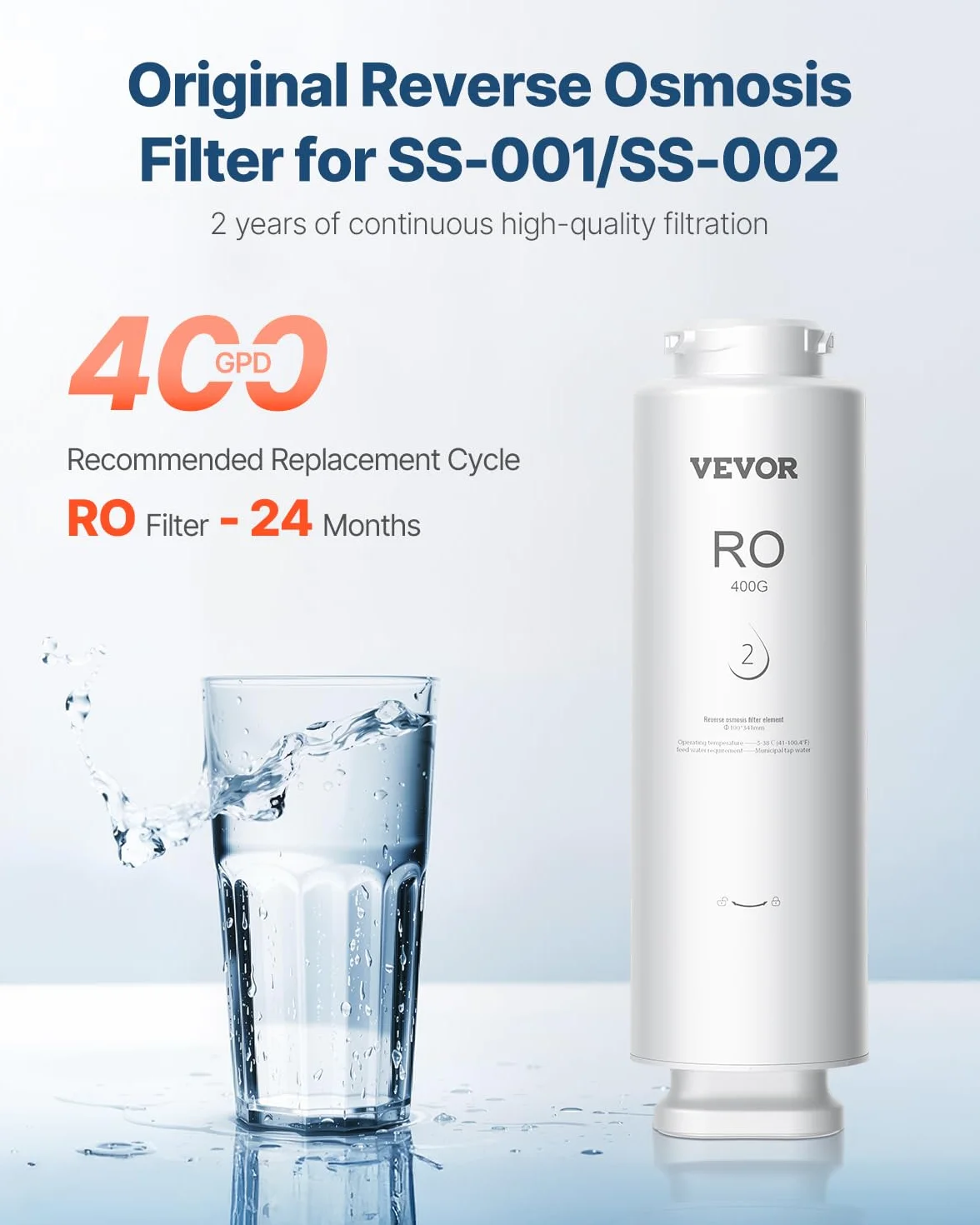 VEVOR Sistema de Ósmosis Inversa 9 Etapas 400 GPD, Cartucho de Filtro RO 24 Meses, Reduce Plomo Cloro Óxido, Compatible Fregadero SS-002 Φ 100 x 341 mm