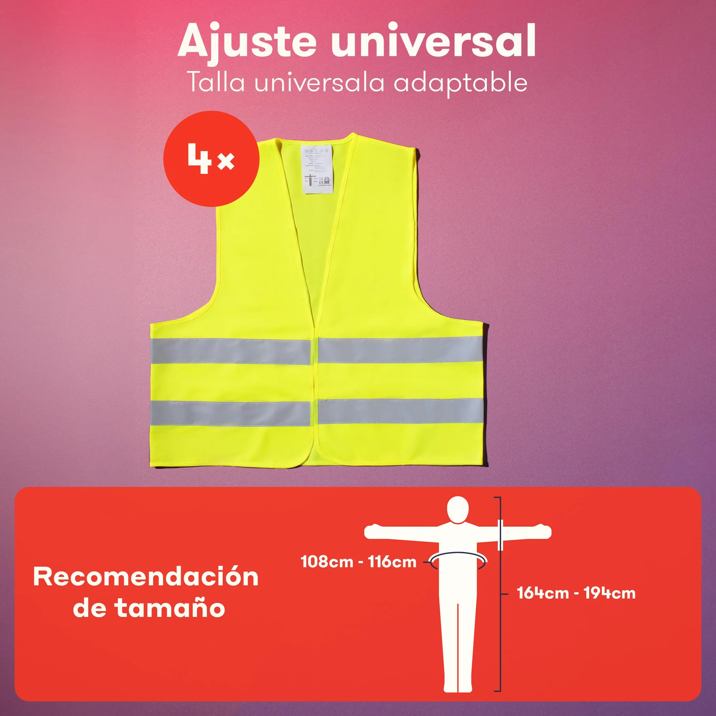 PURAHELP Set de 4 Chalecos Reflectantes para Coche - Alta Visibilidad - Conforme a la Normativa Europea EN ISO 20471 - Chalecos de Seguridad Amarillos - Chalecos de Seguridad para Adultos