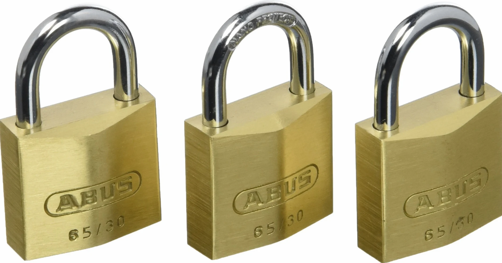 ABUS Candado de latón 65/30 - juego de 3 unidades, cierre igualado - cuerpo del candado de latón macizo - arco de acero endurecido - nivel de seguridad ABUS 4
