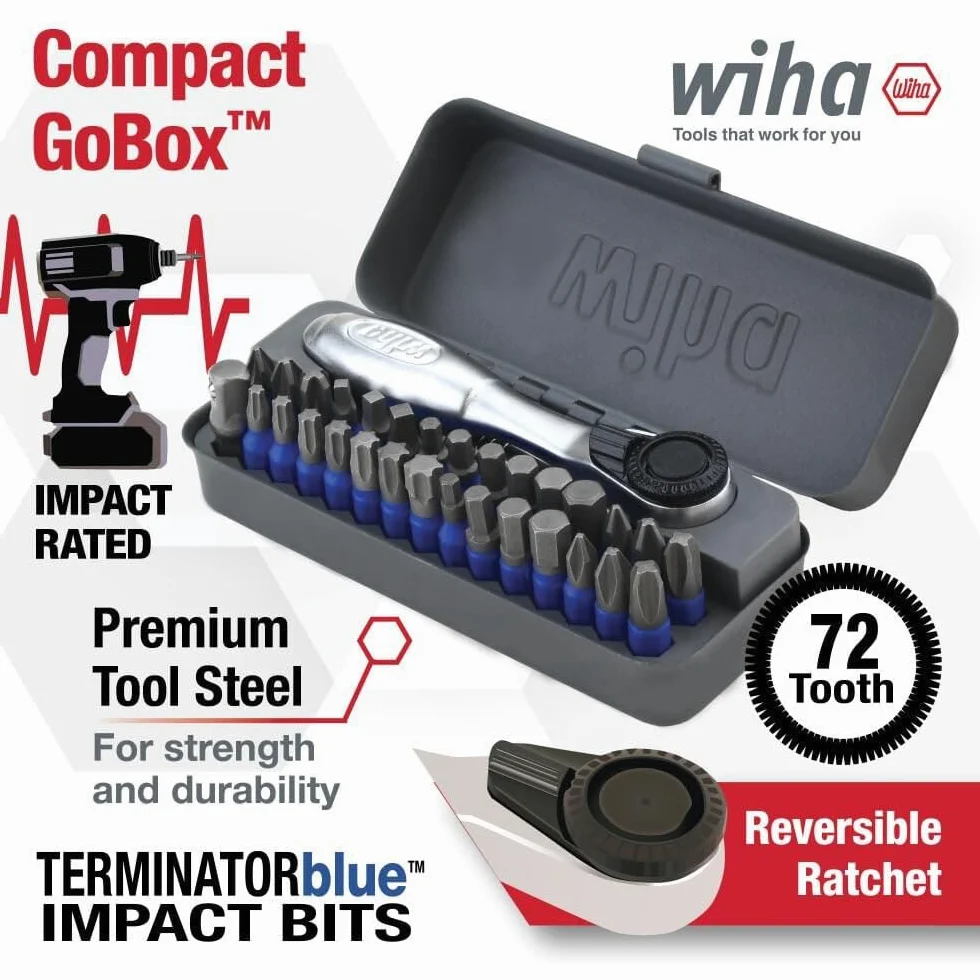 Wiha 76889 Juego de 32 brocas de impacto GoBox TerminatorBlue con mini trinquete