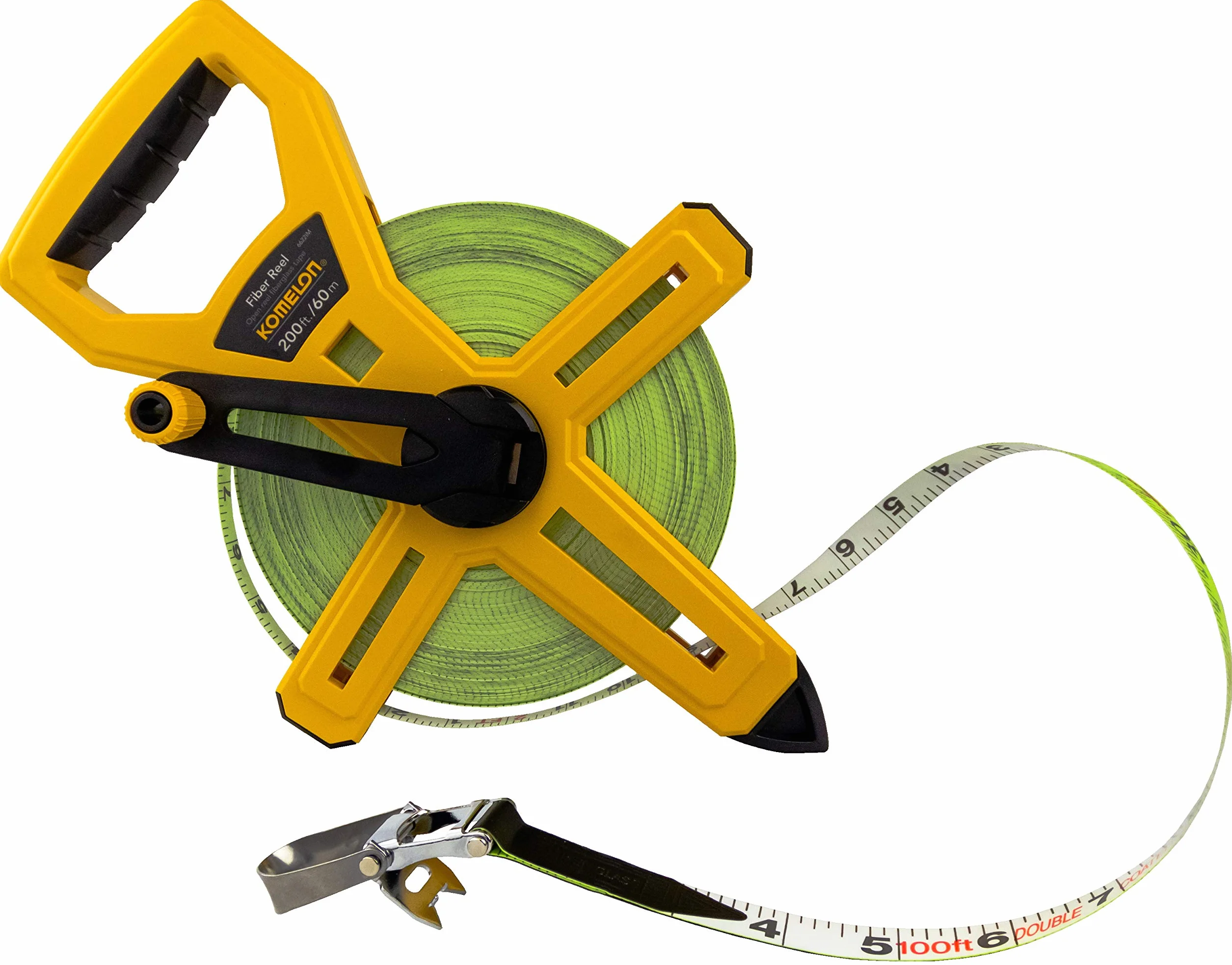 Komelon 6622IM - Carrete de fibra largo abierto, cinta métrica con doble hoja de fibra de vidrio recubierta de nailon, 60 m por 1/2 pulgada