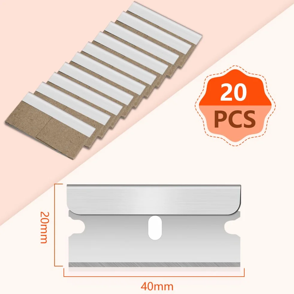 Flintronic 20 Piezas Cuchillas de Acero Inoxidable de Alta Calidad, Cartón Prémium de Acero, Cuchillas de Repuesto de Cartón Prémium de Acero, para Limpia Suelo,Horno,Placas de Inducción,Ventana
