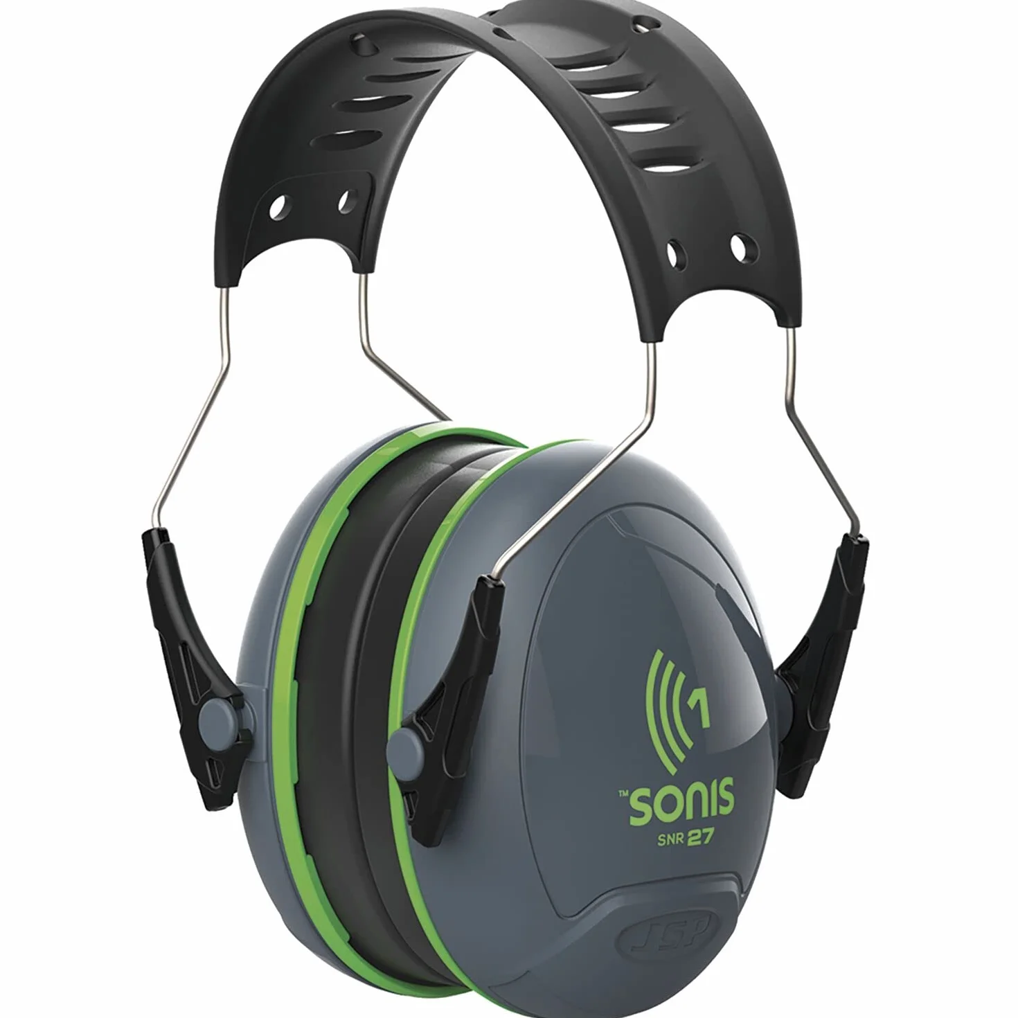 JSP SONIS 1 Protectores Auditivos Ajustables - 27 dB SNR - Gris/Verde - Protección Auditiva para Adultos - Ajuste Flexible y Cómodo - Para Corte de Césped, Taladrado, Lijado y Corte - EN 352-1