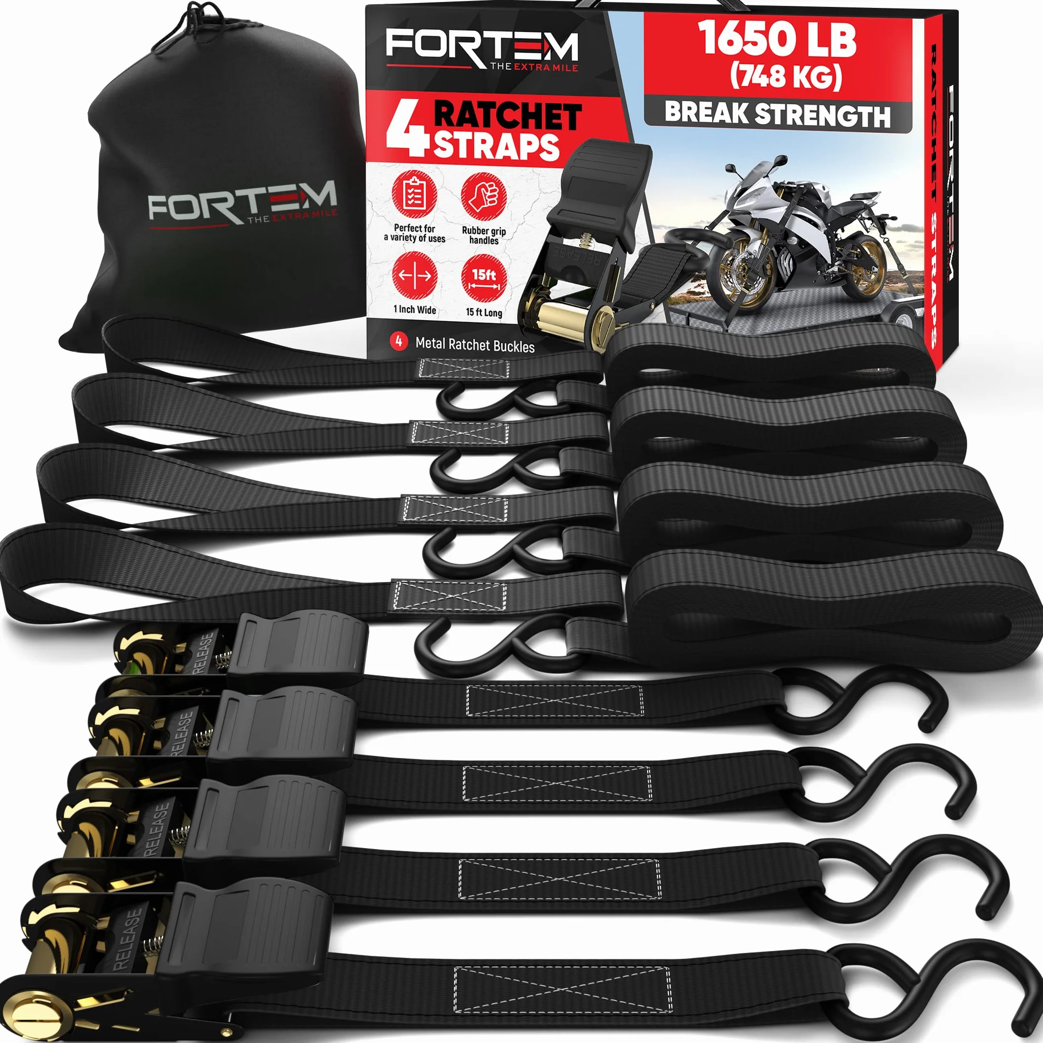 FORTEM Set de Correas de Amarre con Tensor de Trinquete, Resistencia 249 kg de Carga, 748 kg al Rompimiento, 4 Ganchos de Acero Plastificado, 4 Correas de 4.5m, 4 Hebillas (Negro)