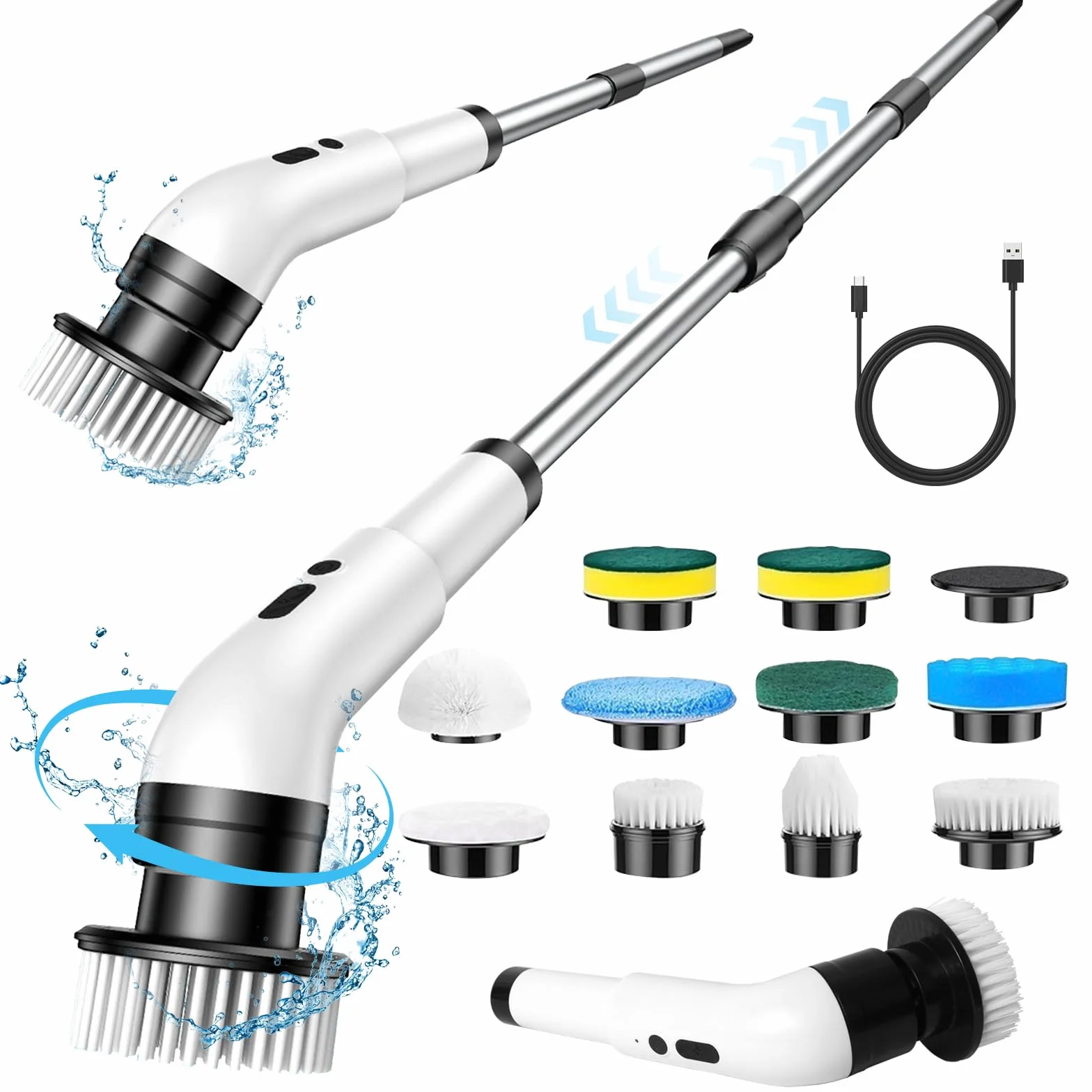 Cepillo Electrico Limpieza Hogar con 10 Cabezales Intercambiables, 3 Velocidades Ajustables 350-450 RPM/min, IPX7 Impermeable, con 140cm Mango Ajustable para baño, Cocina, Coche